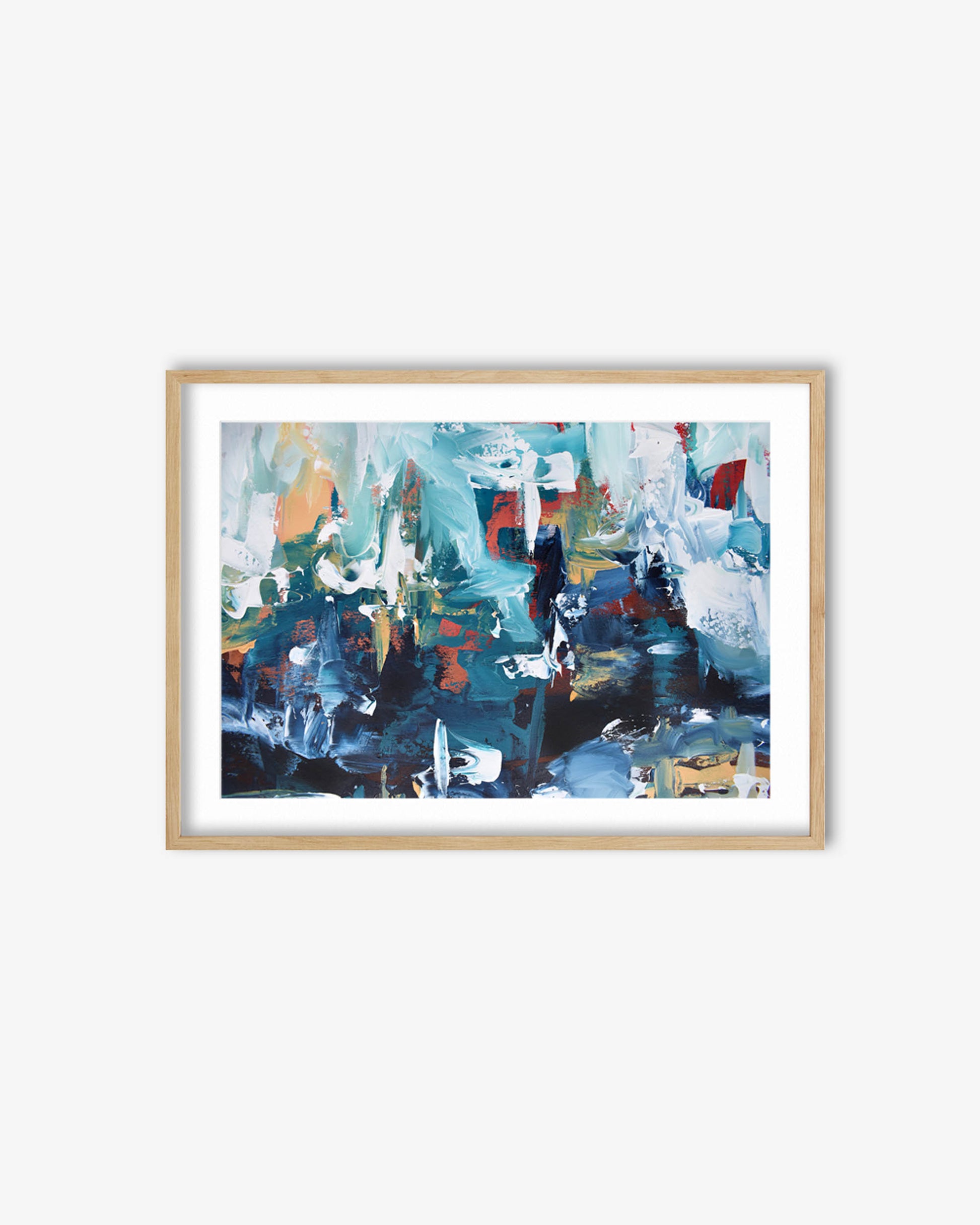 Framed abstract painting with blue and white colors on a white wall