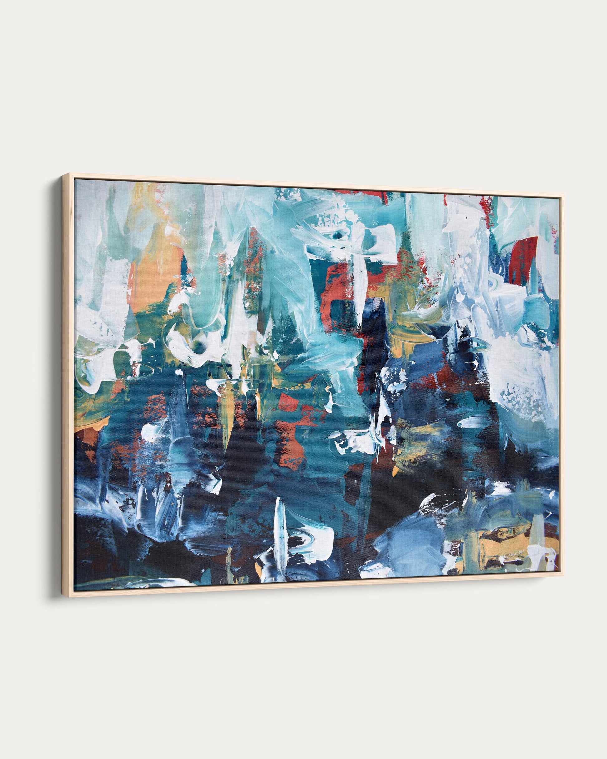 Abstract painting with a wooden frame on a white background