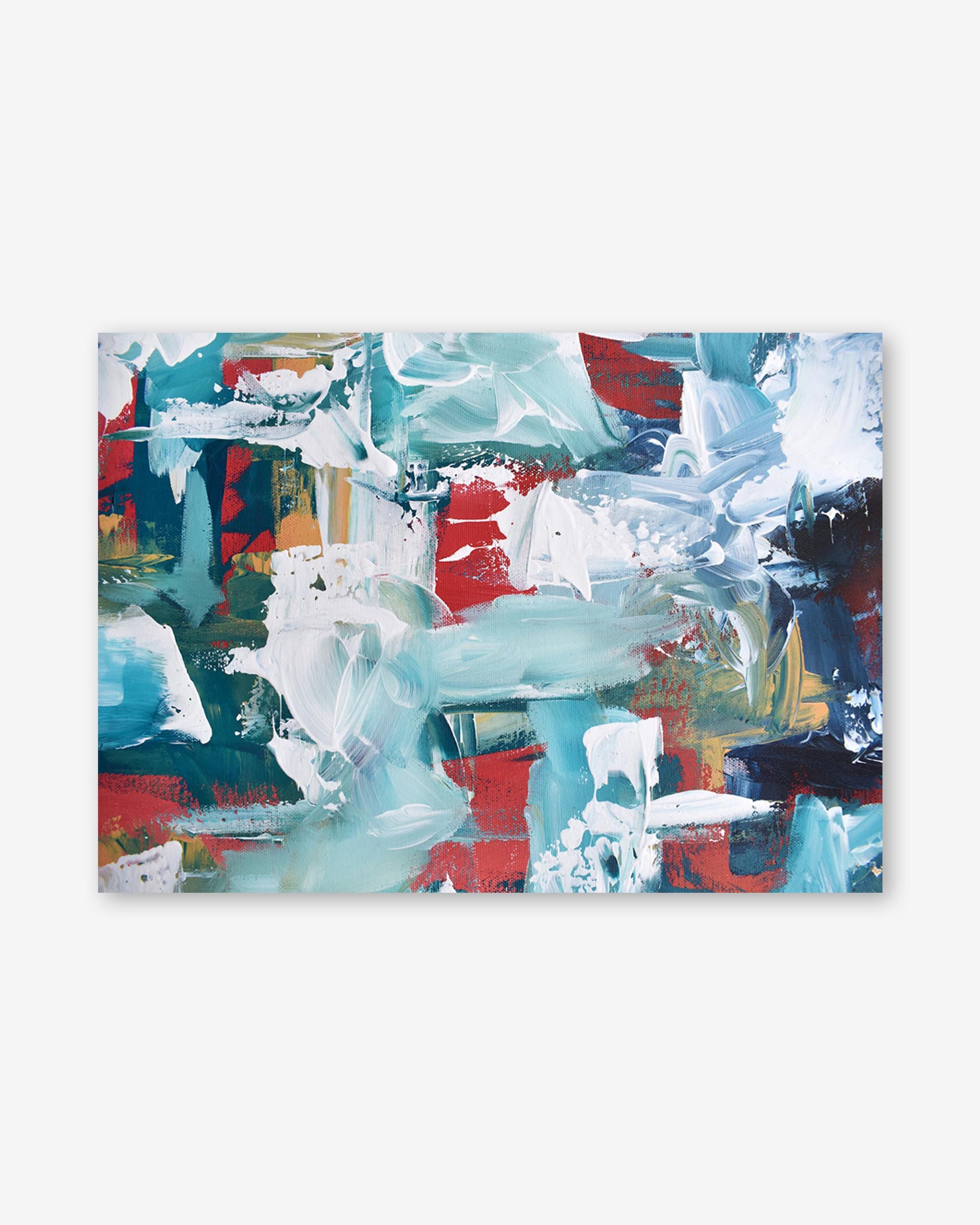 Abstract painting with a mix of blue, red, and white on a white background