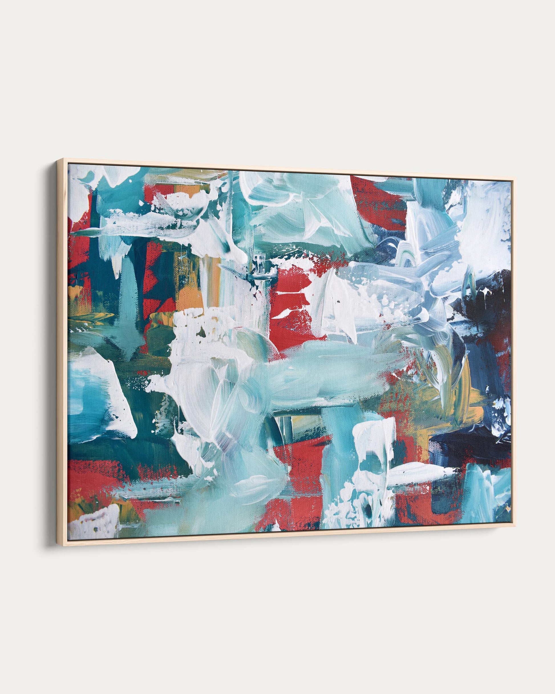Abstract painting with a wooden frame on a white background