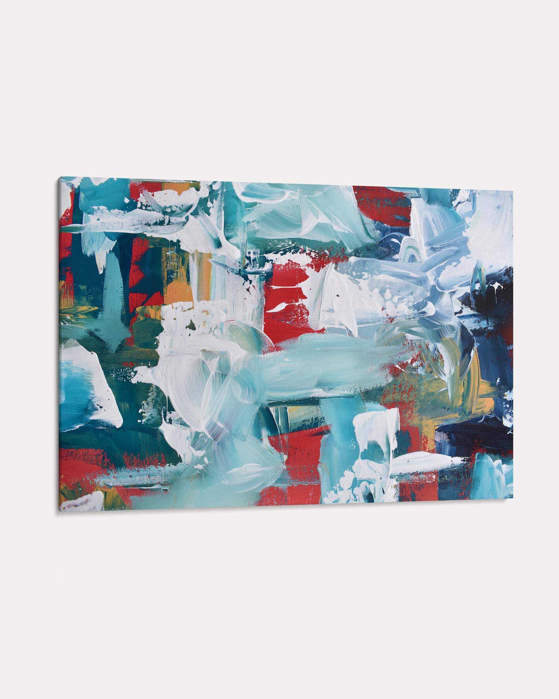 Abstract painting with a mix of blue, red, and white on a white background
