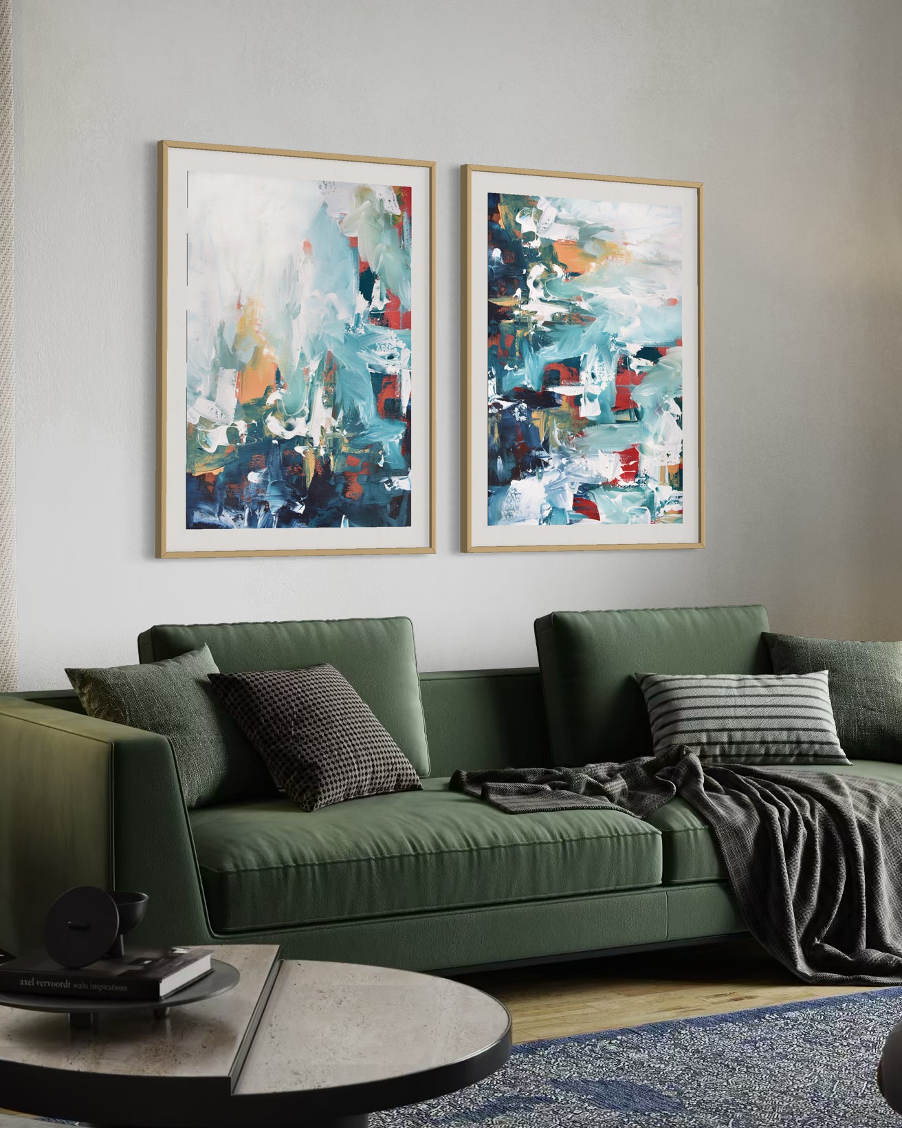 Green sofa with abstract art on a wall in a living room setting