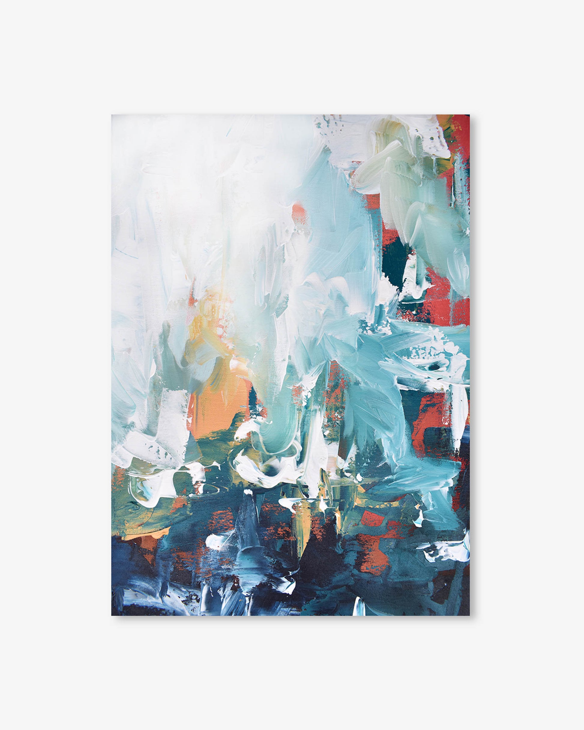 Abstract painting with a mix of blue, green, orange, and red on a white background