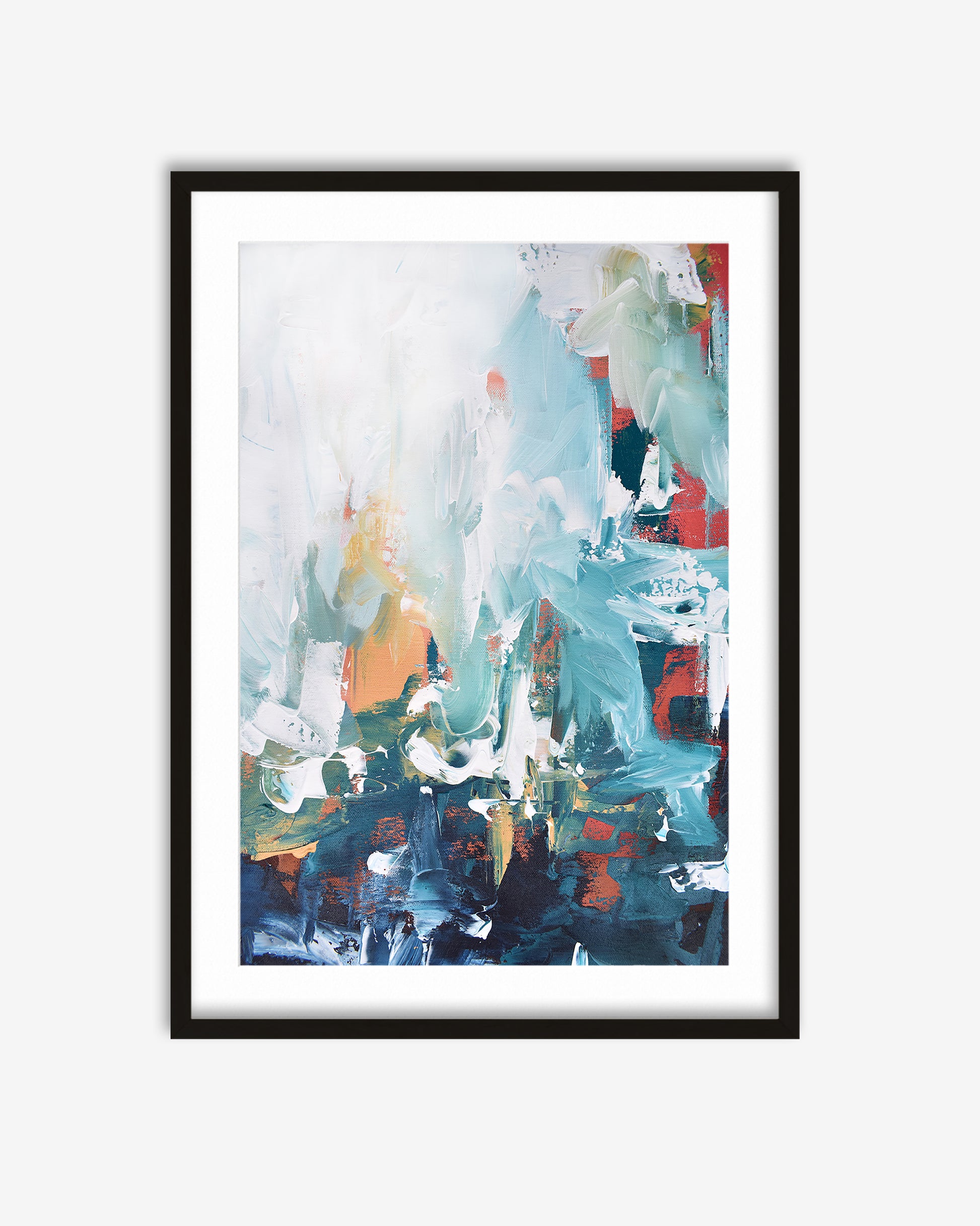 Framed abstract art print with colorful brush strokes on a white background