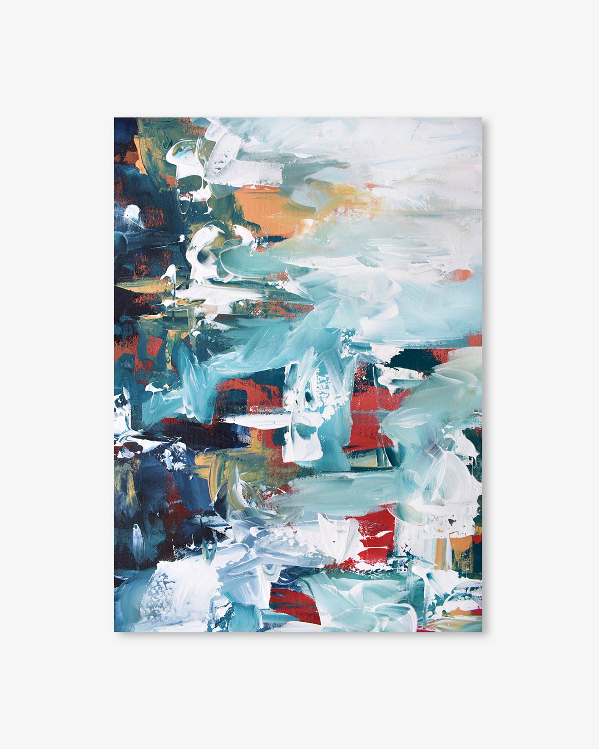 Abstract painting with a mix of blue, red, and white on a white background