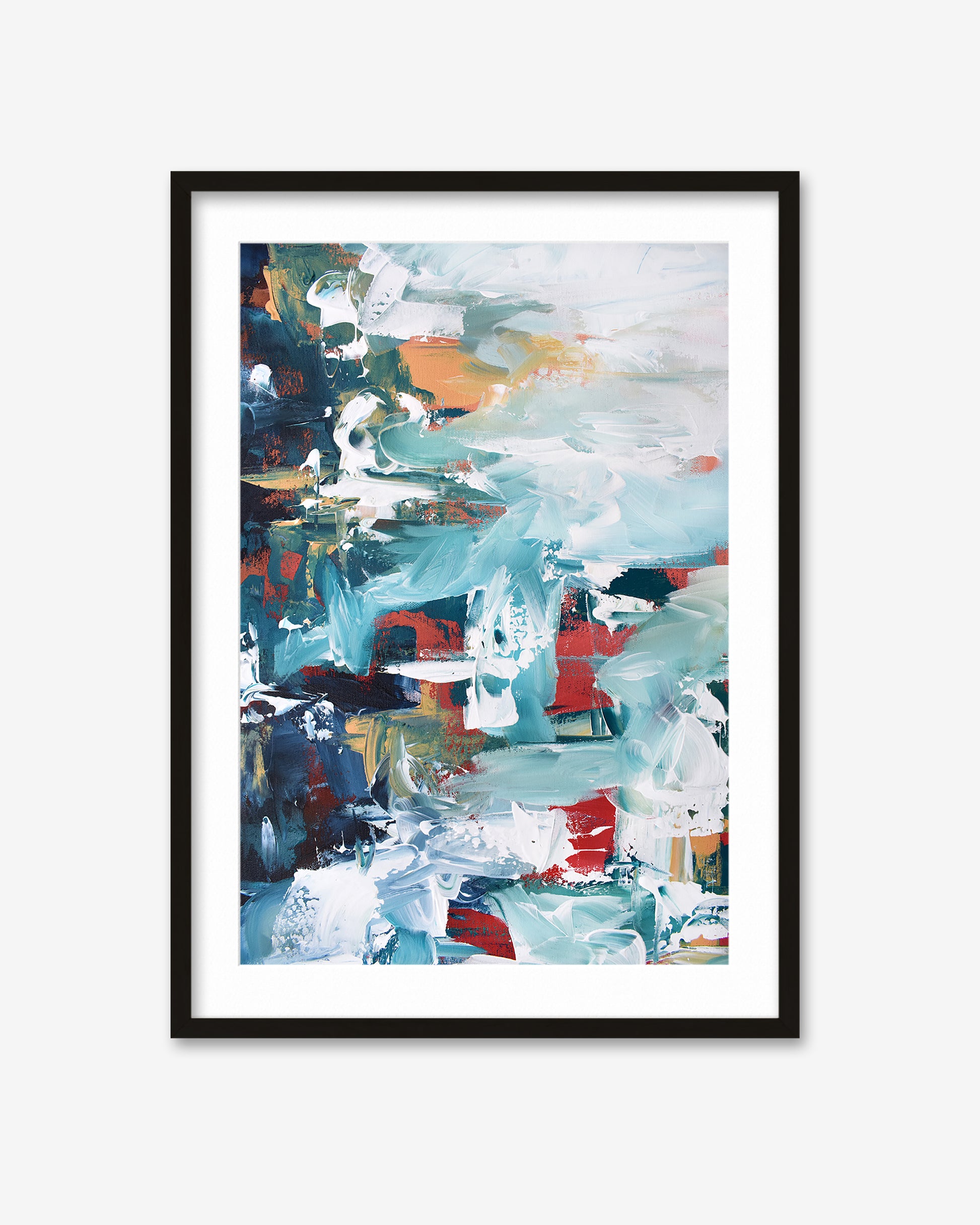 Framed abstract painting with multicolor brushstrokes on a white background