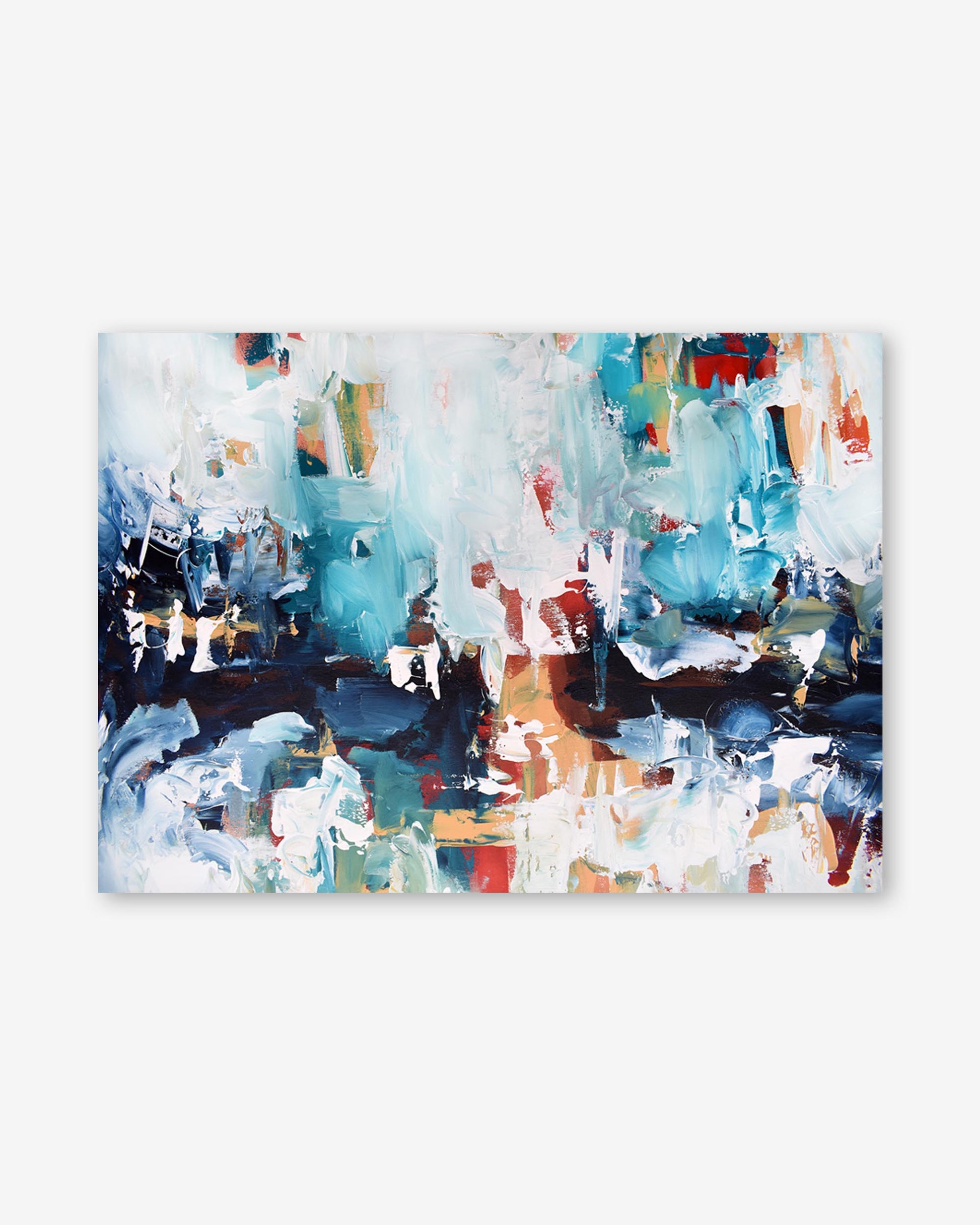 Abstract art print with blue, white, and red colors on a white background