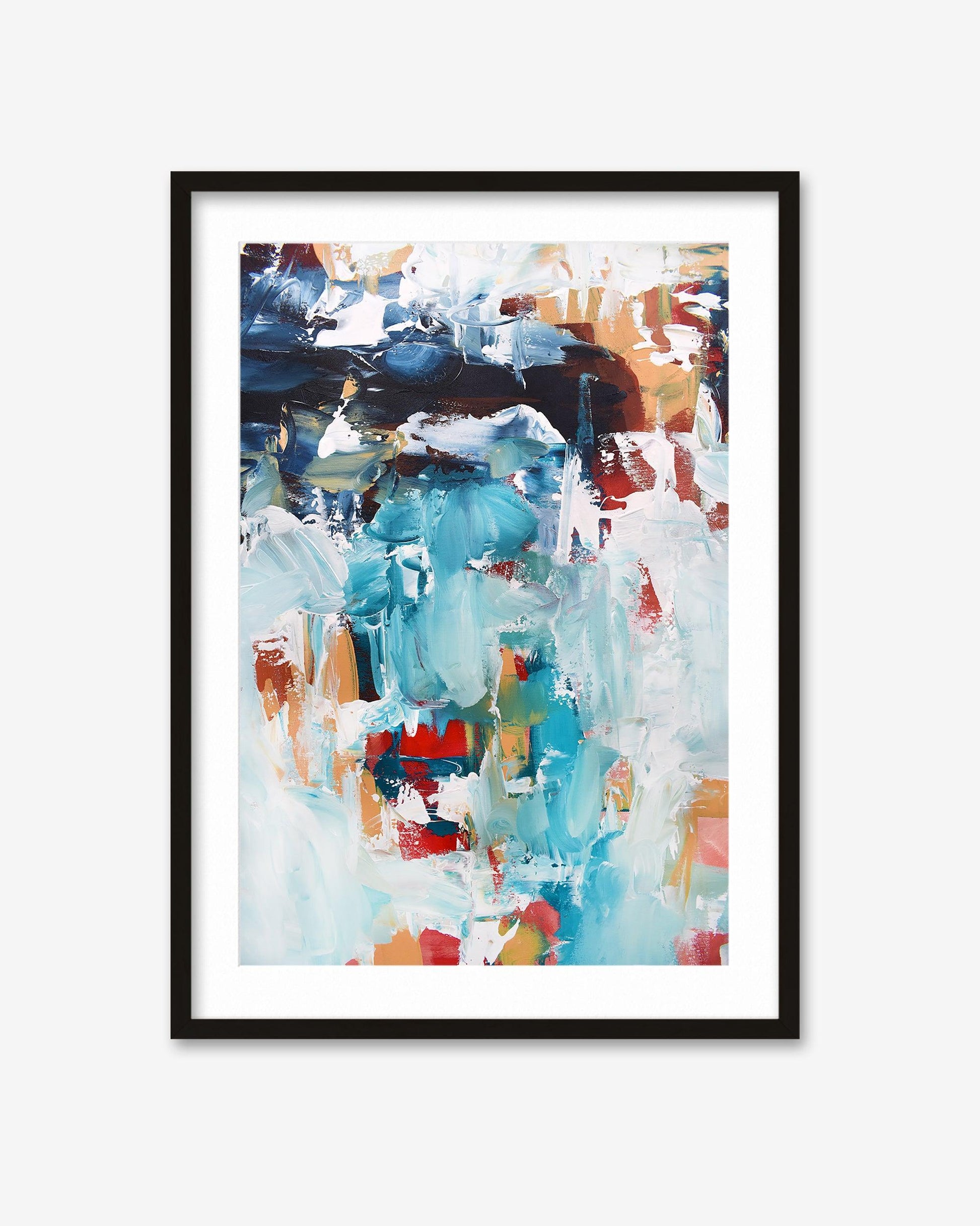Framed abstract art print with colorful brush strokes on a white background