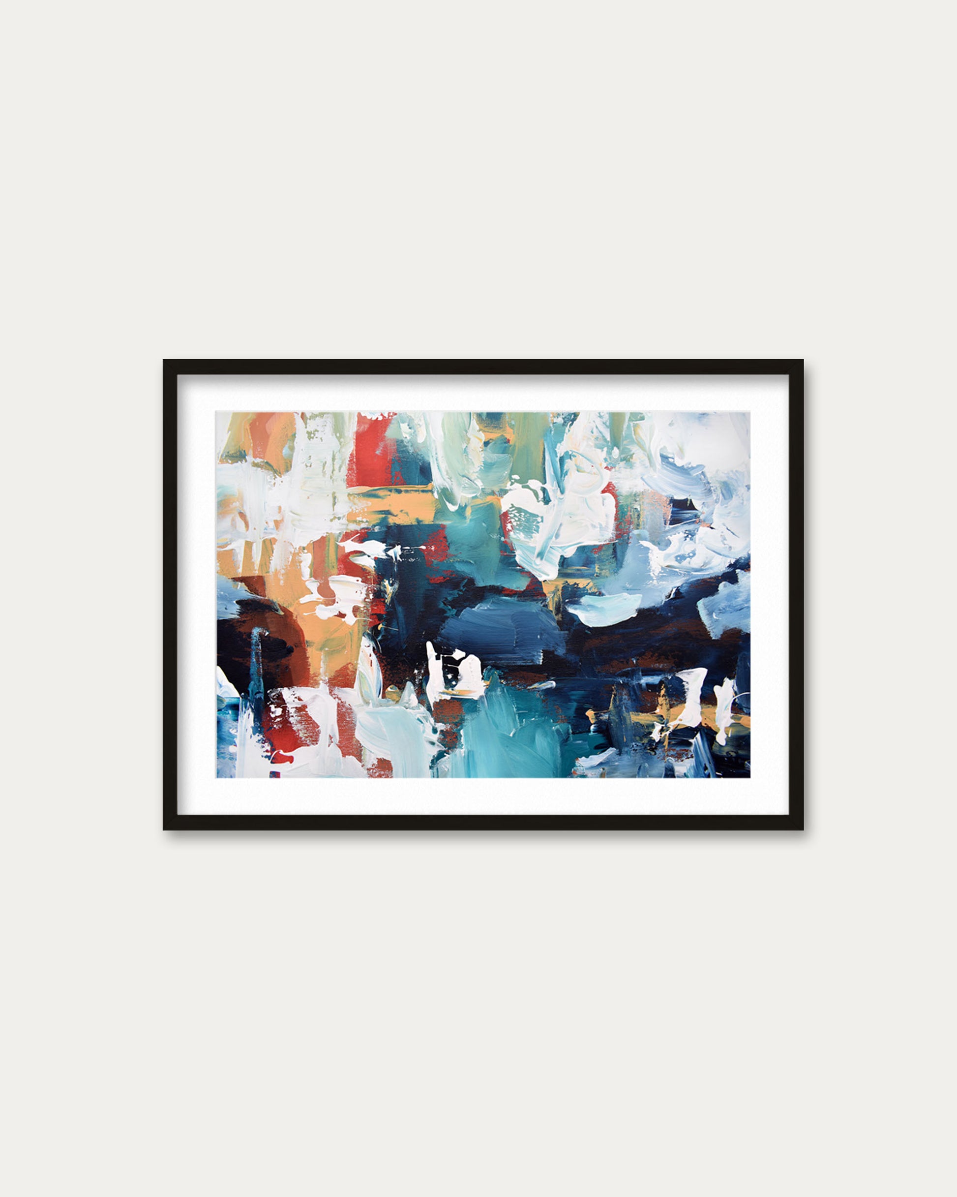Framed abstract art print on a white wall