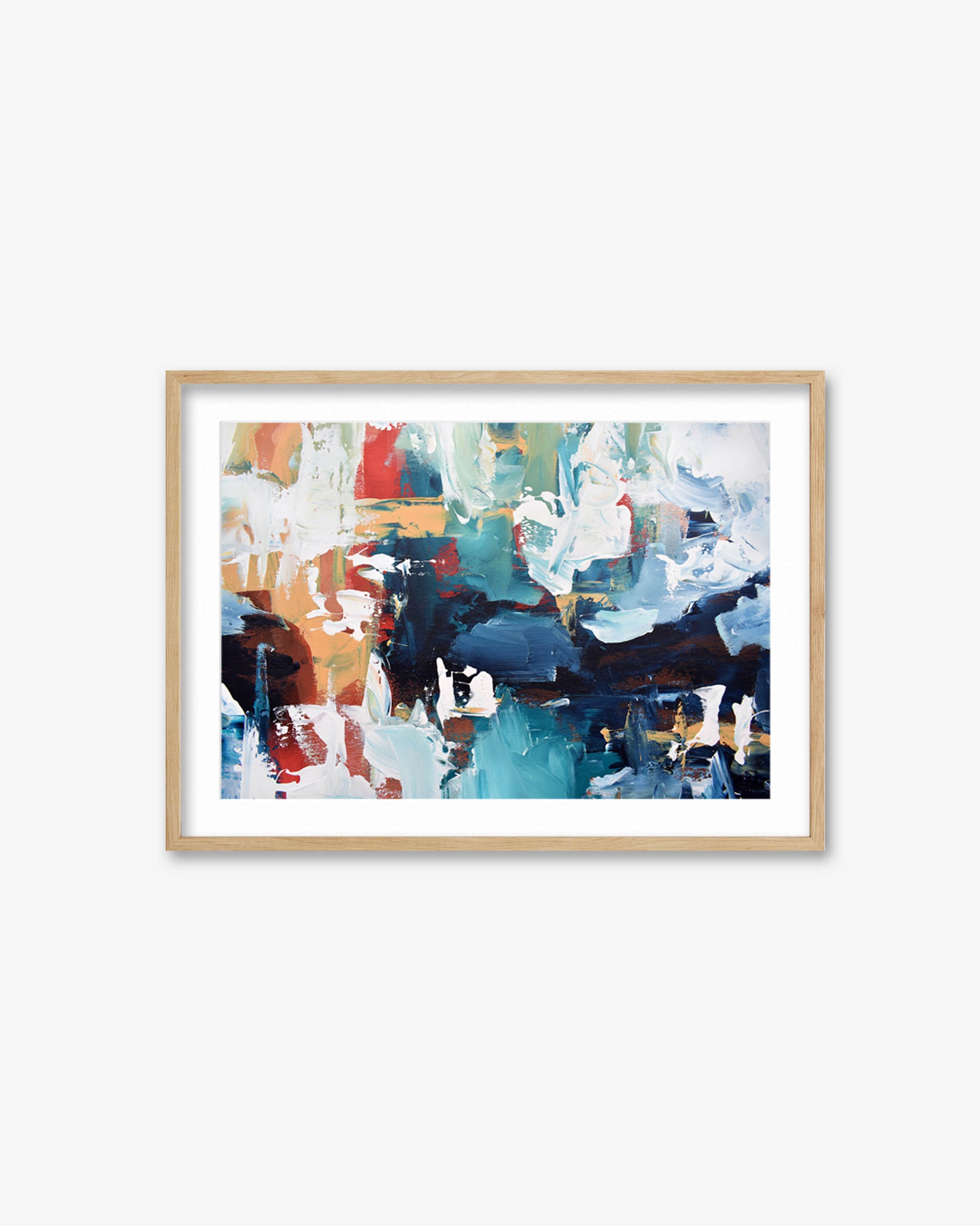 Framed abstract art print with multicolor palette on a white wall