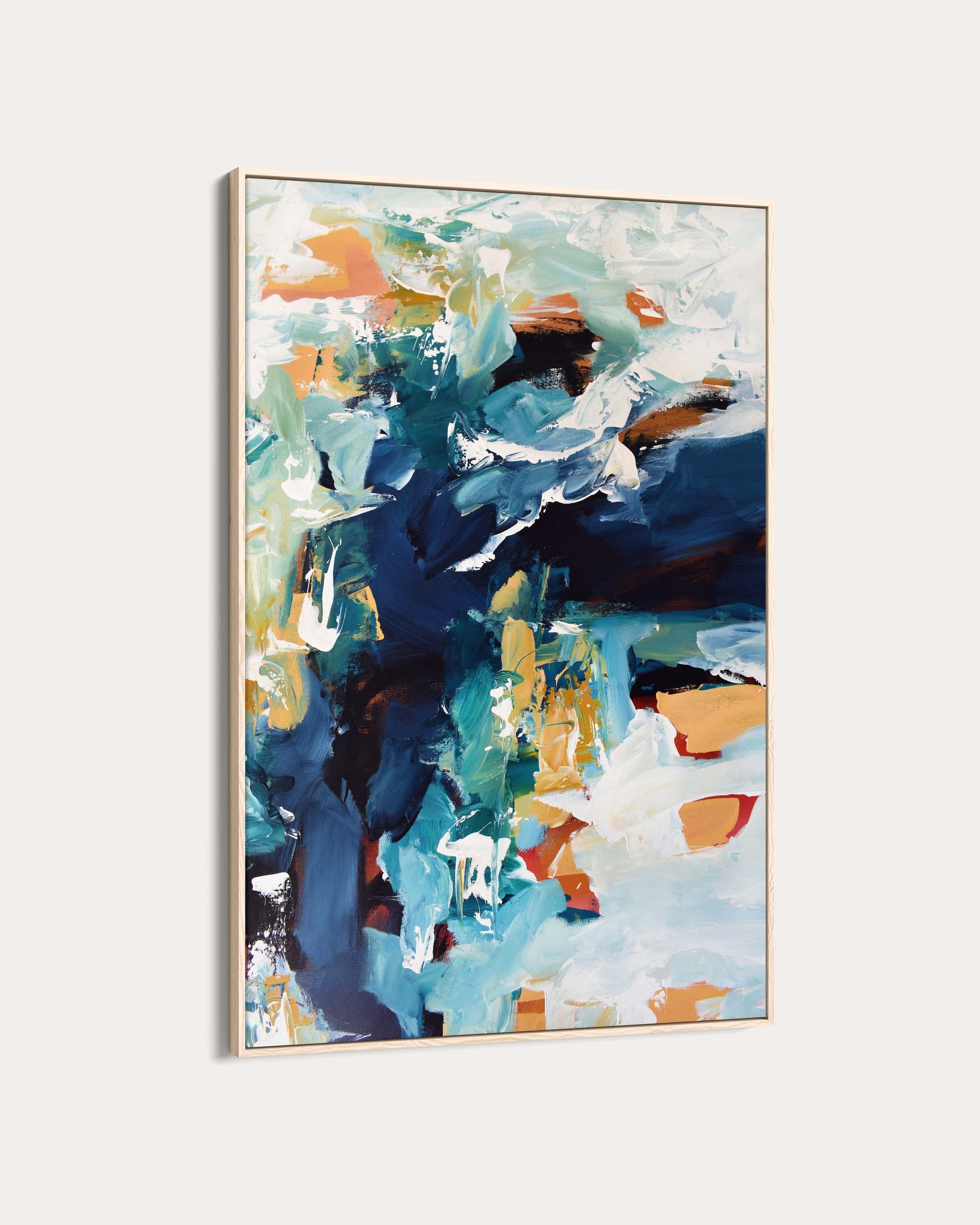 Abstract art painting with blue, green, and orange colors on a white background