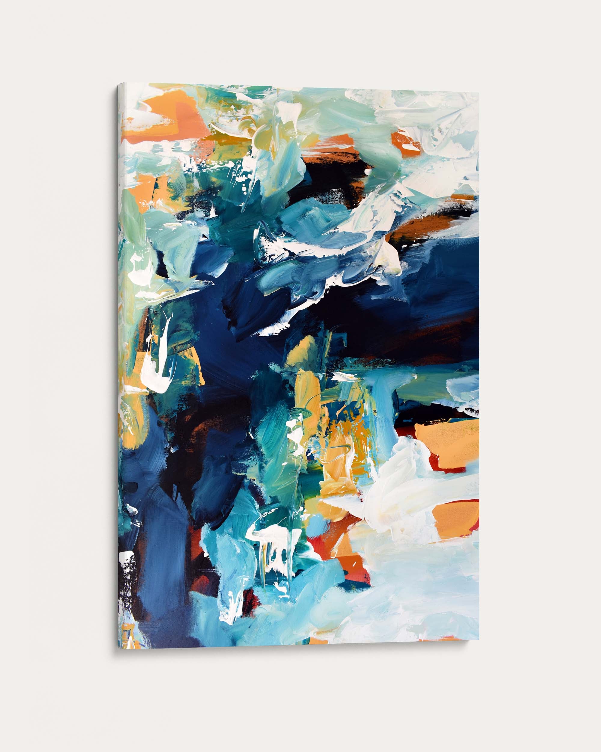 Abstract painting with a mix of blue, orange, and white on a white background