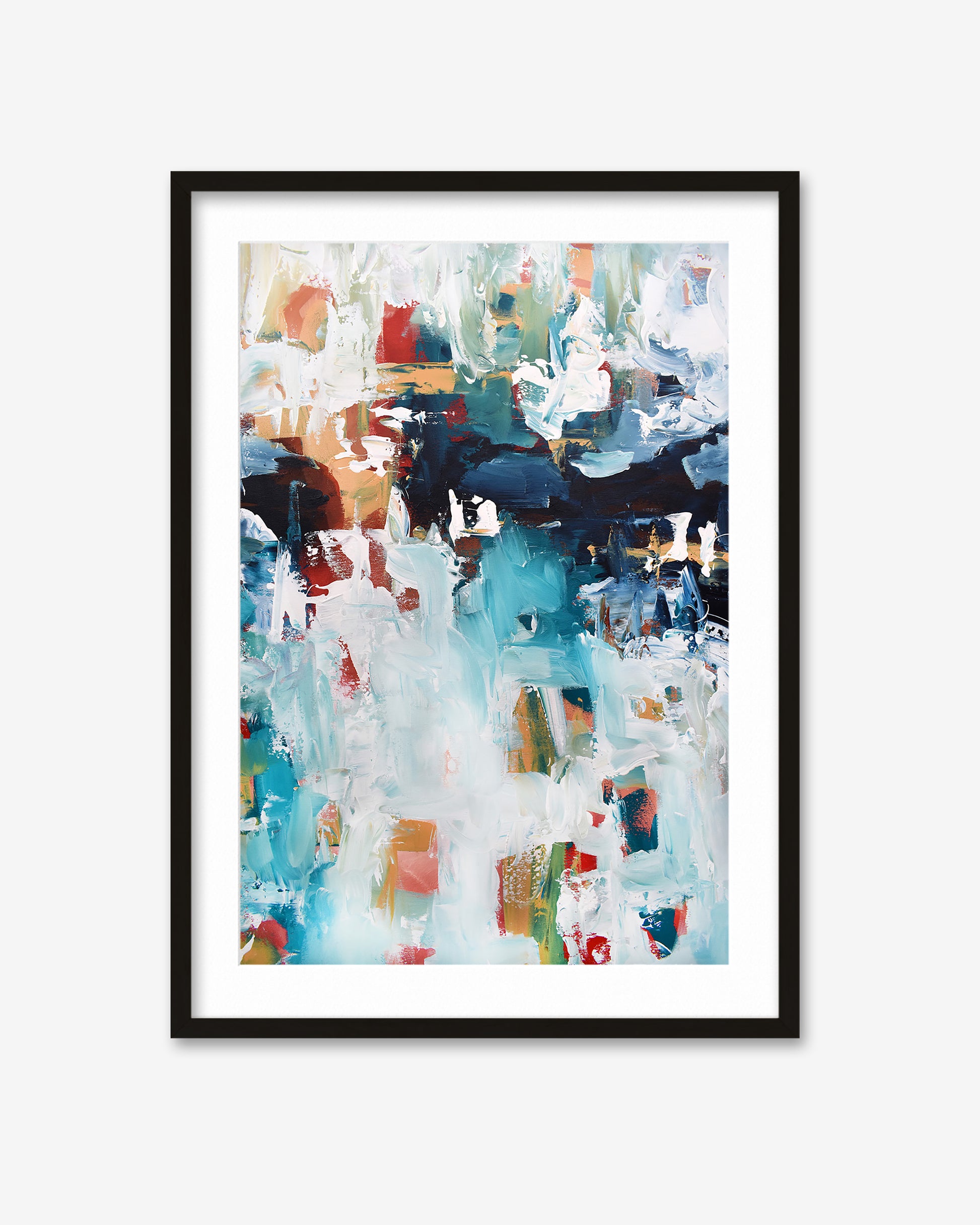 Framed abstract art print with colorful brush strokes on a white background
