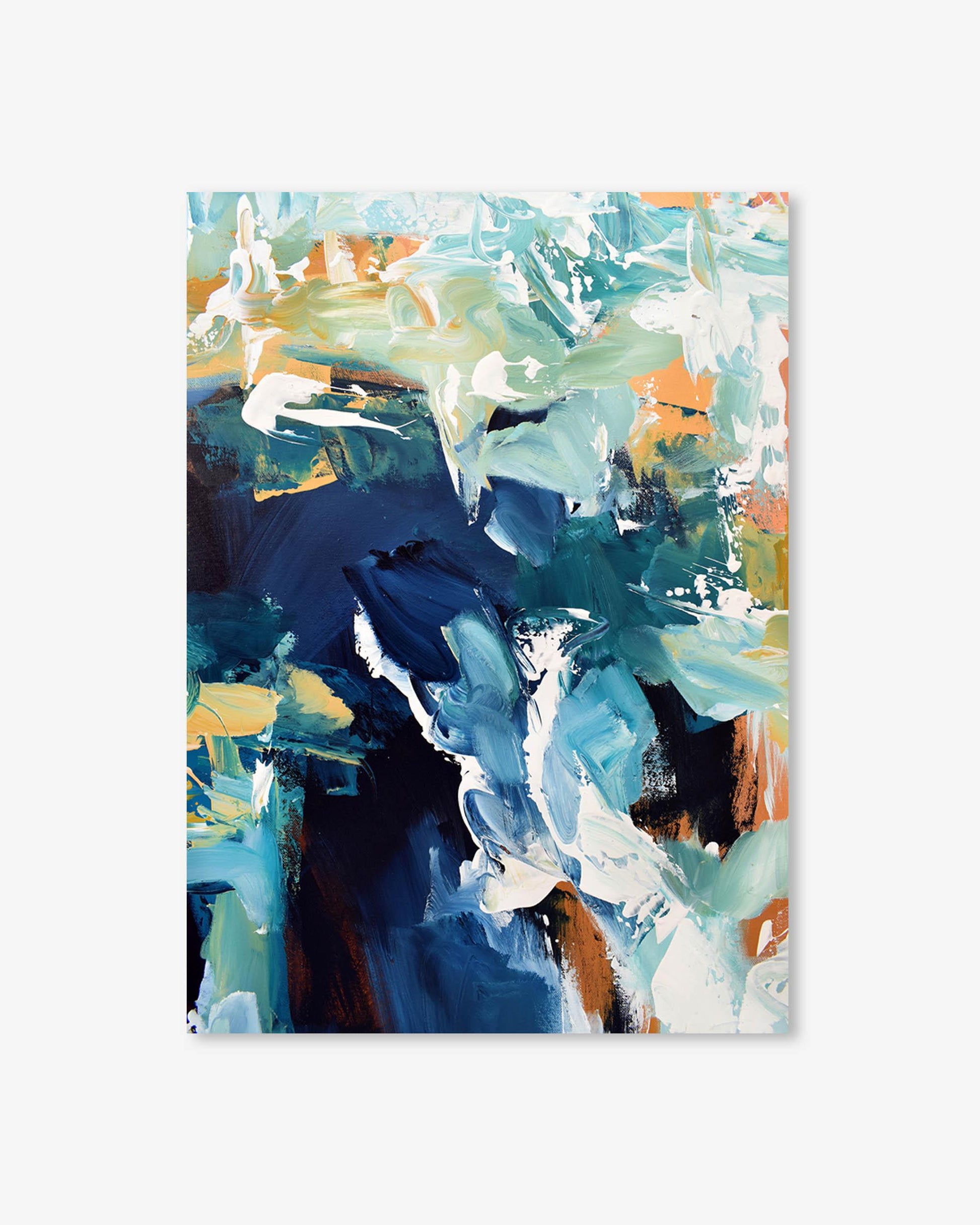 Abstract art print with blue, green, and orange colors on a white background