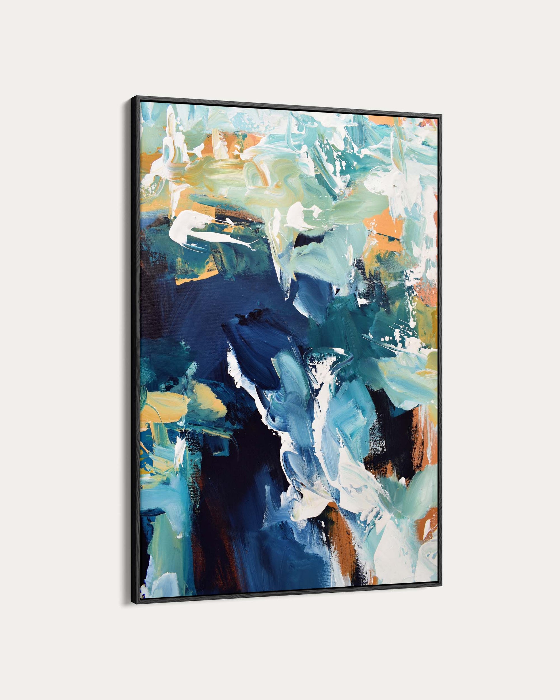 Abstract painting with blue, green, and orange colors on a white background