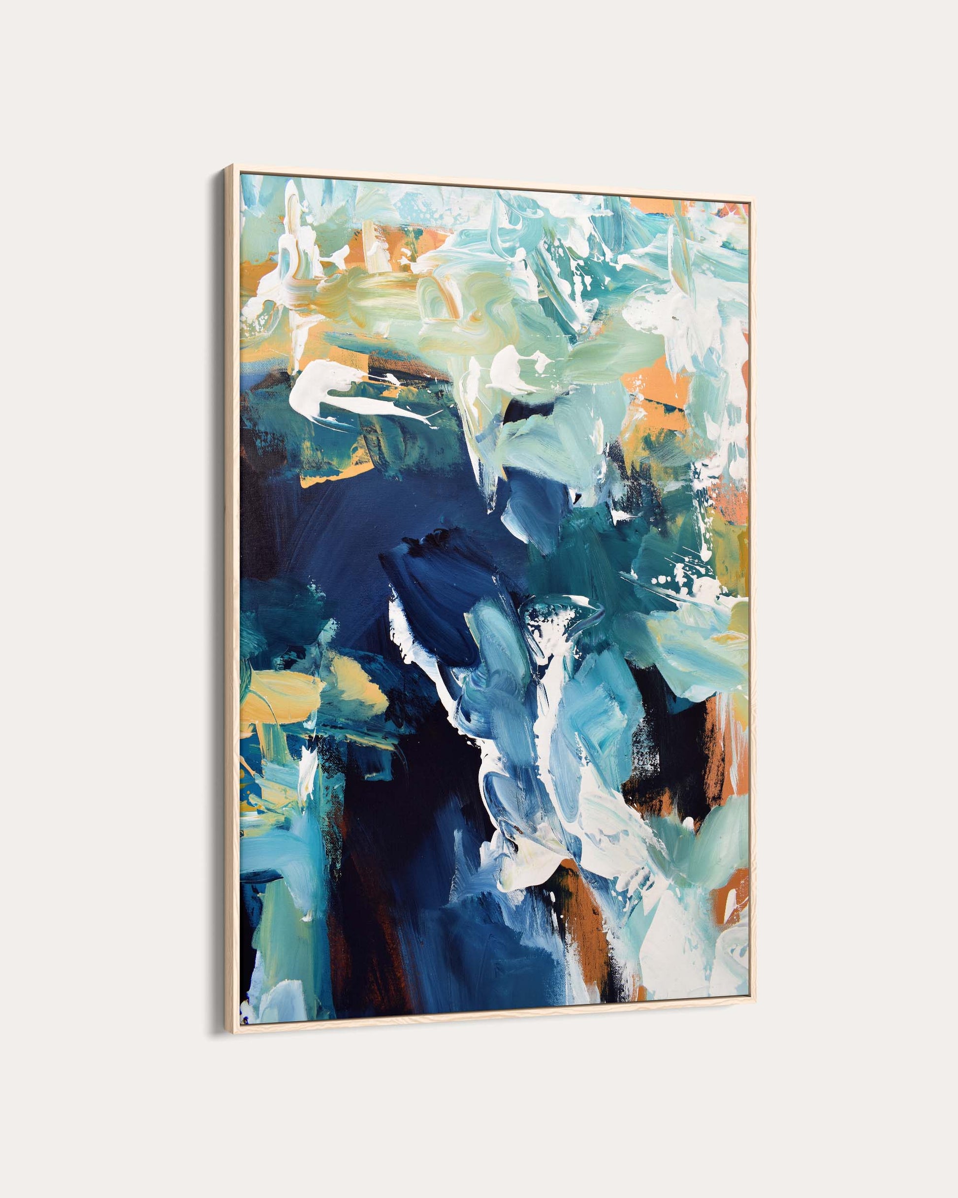 Abstract painting with blue, green, and white colors on a white background