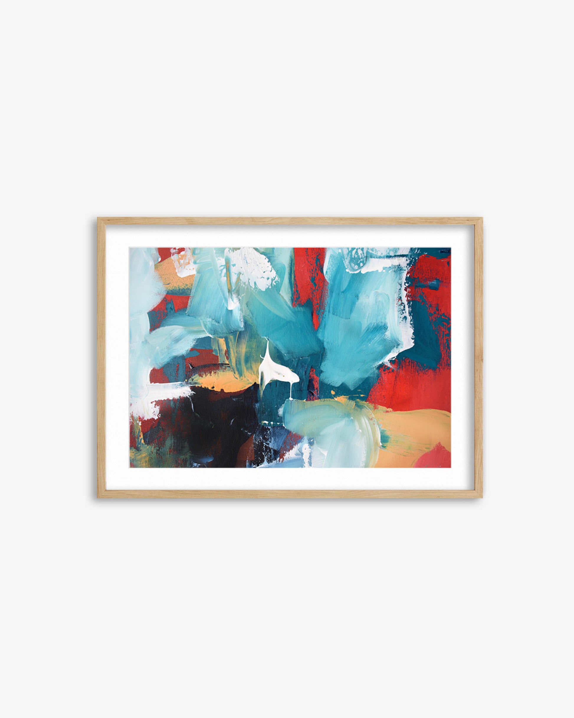Framed abstract art print with colorful brush strokes on a white wall