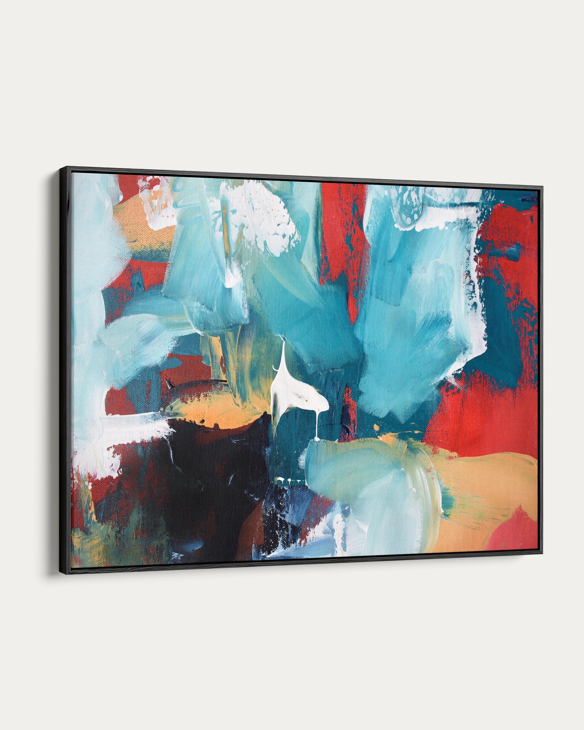Abstract art painting with bold colors on a white wall