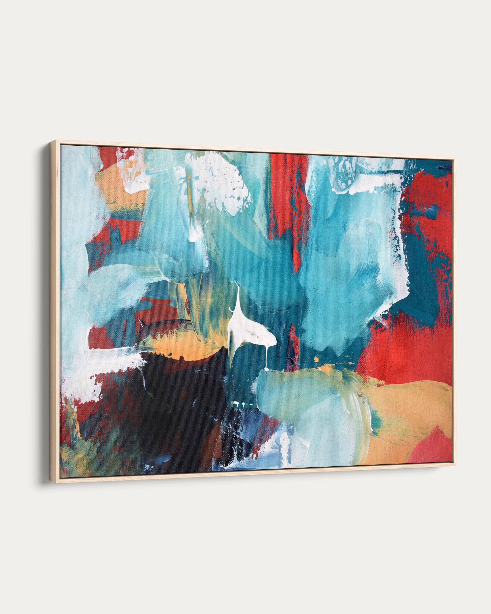 Abstract painting with bold colors on a white wall