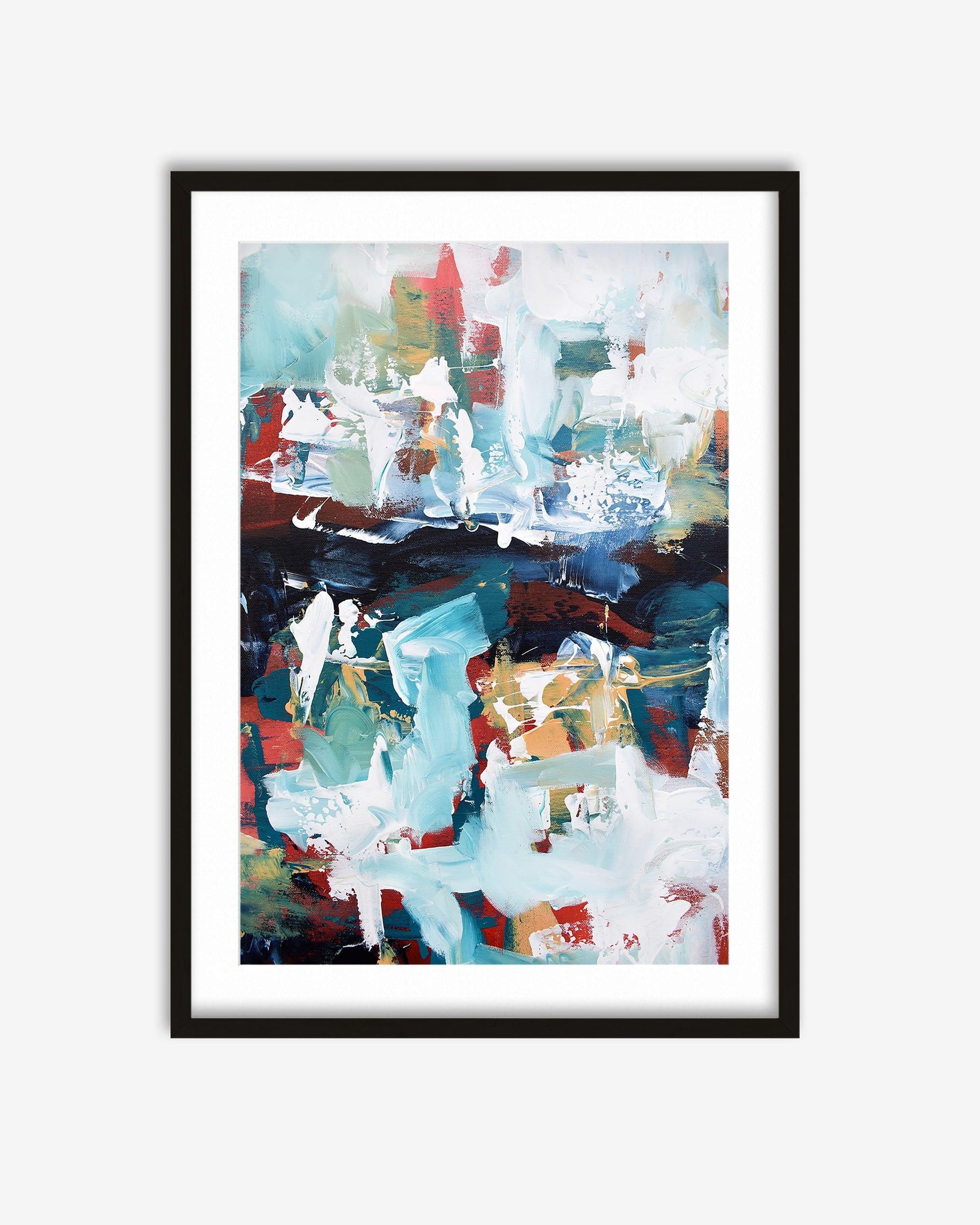 Framed abstract art print with colorful brush strokes on a white background