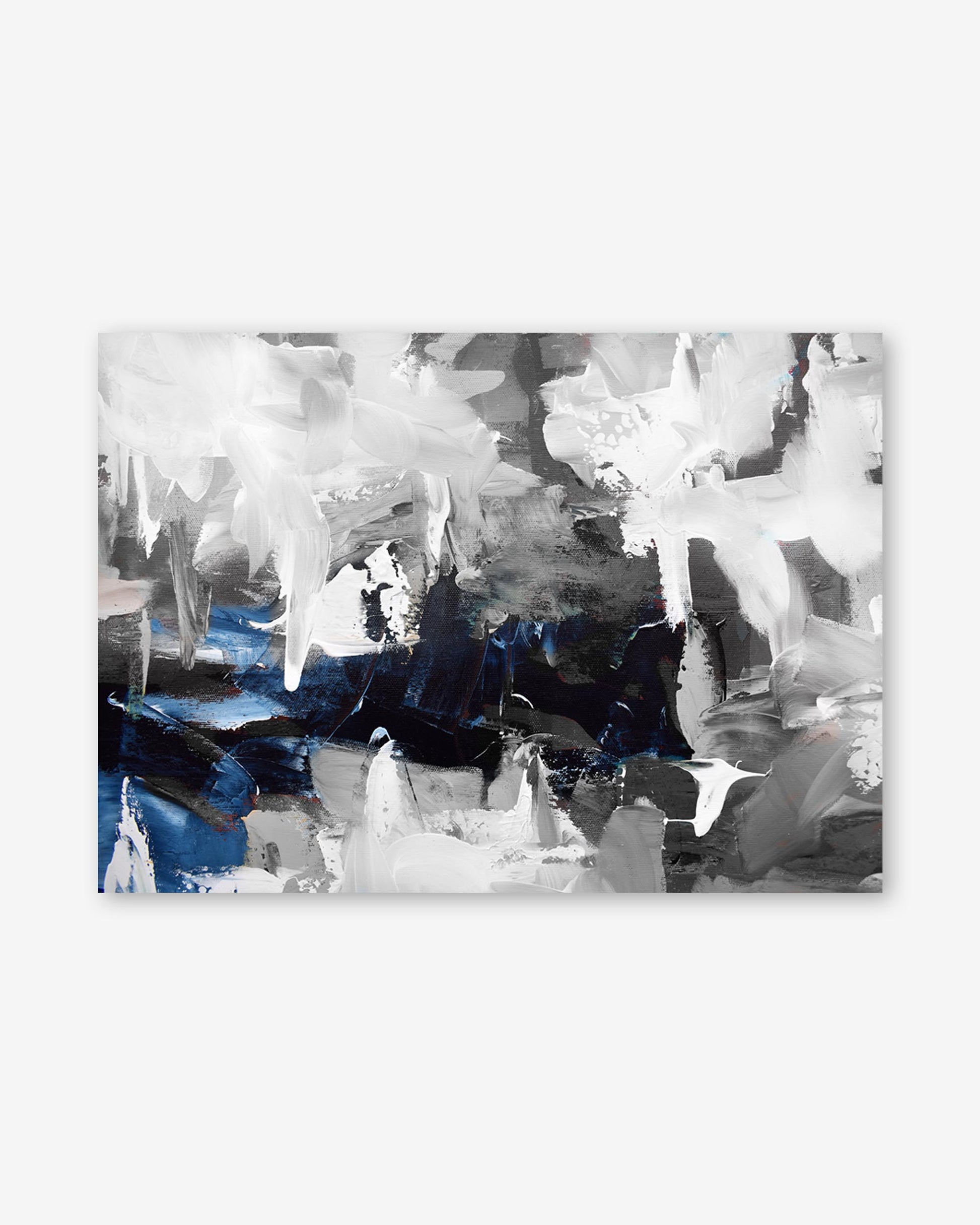 Abstract art piece with white, blue, and gray colors on a white background