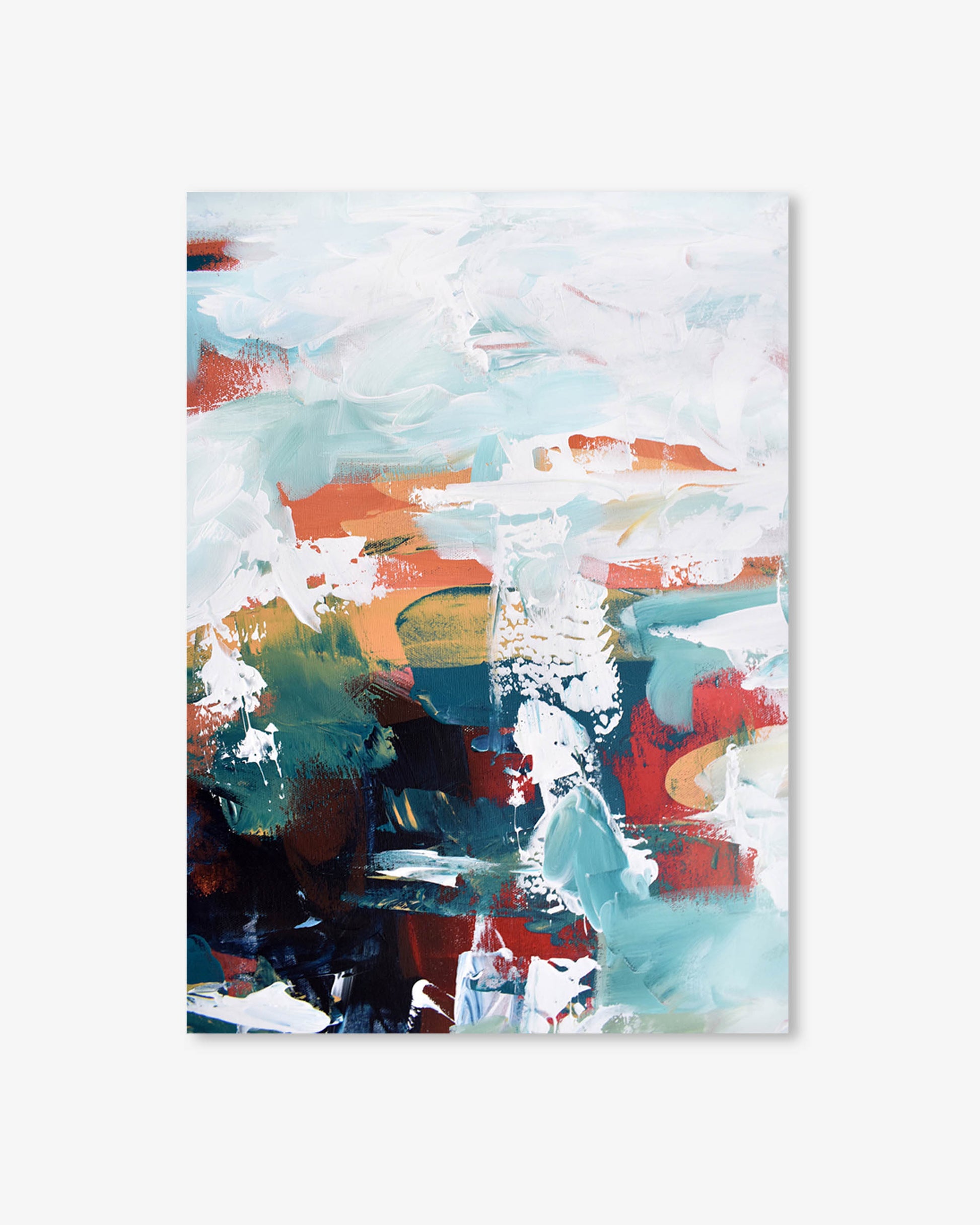Abstract art print with multicolored brush strokes on a white background