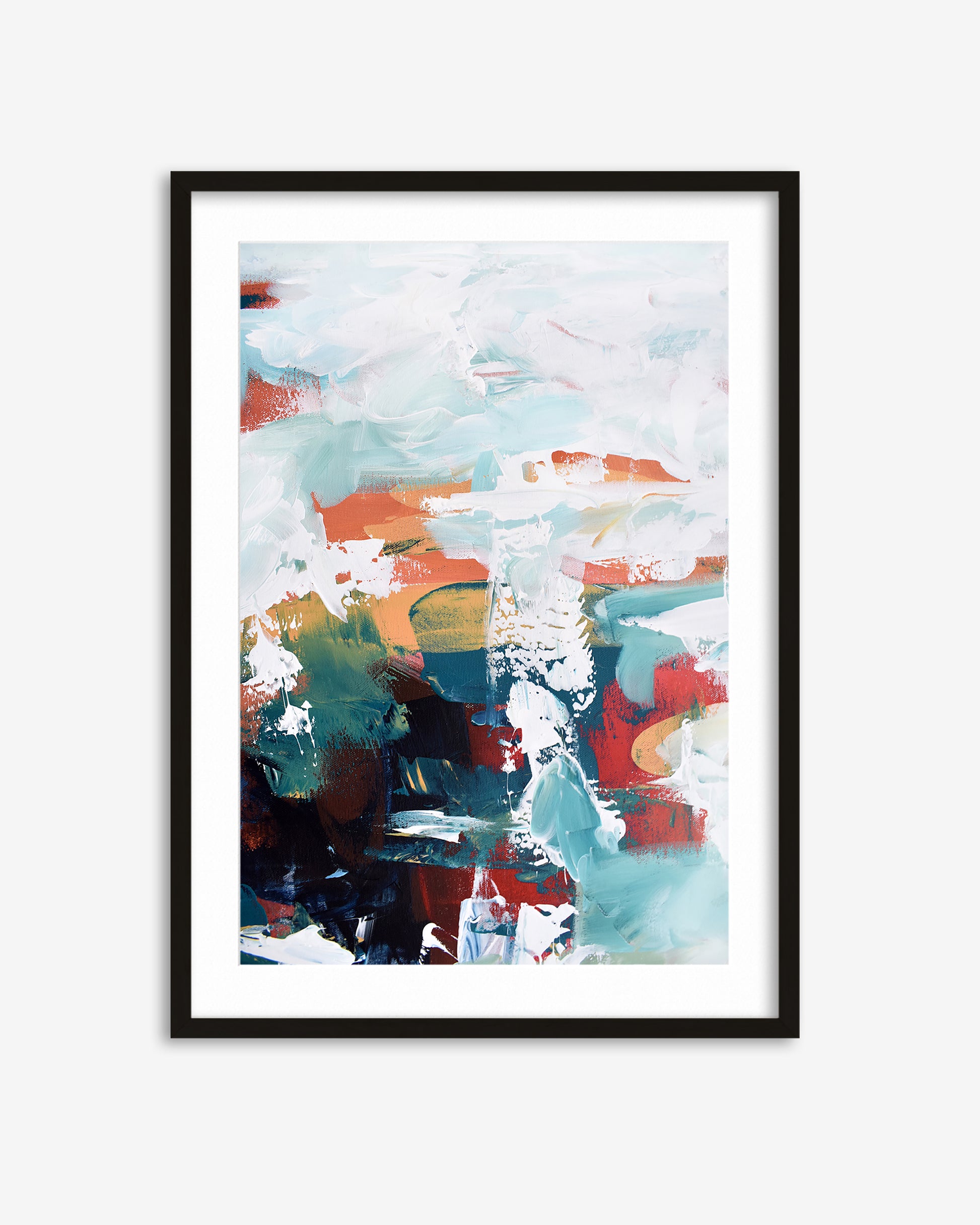 Framed abstract art print with multicolor palette on a white background