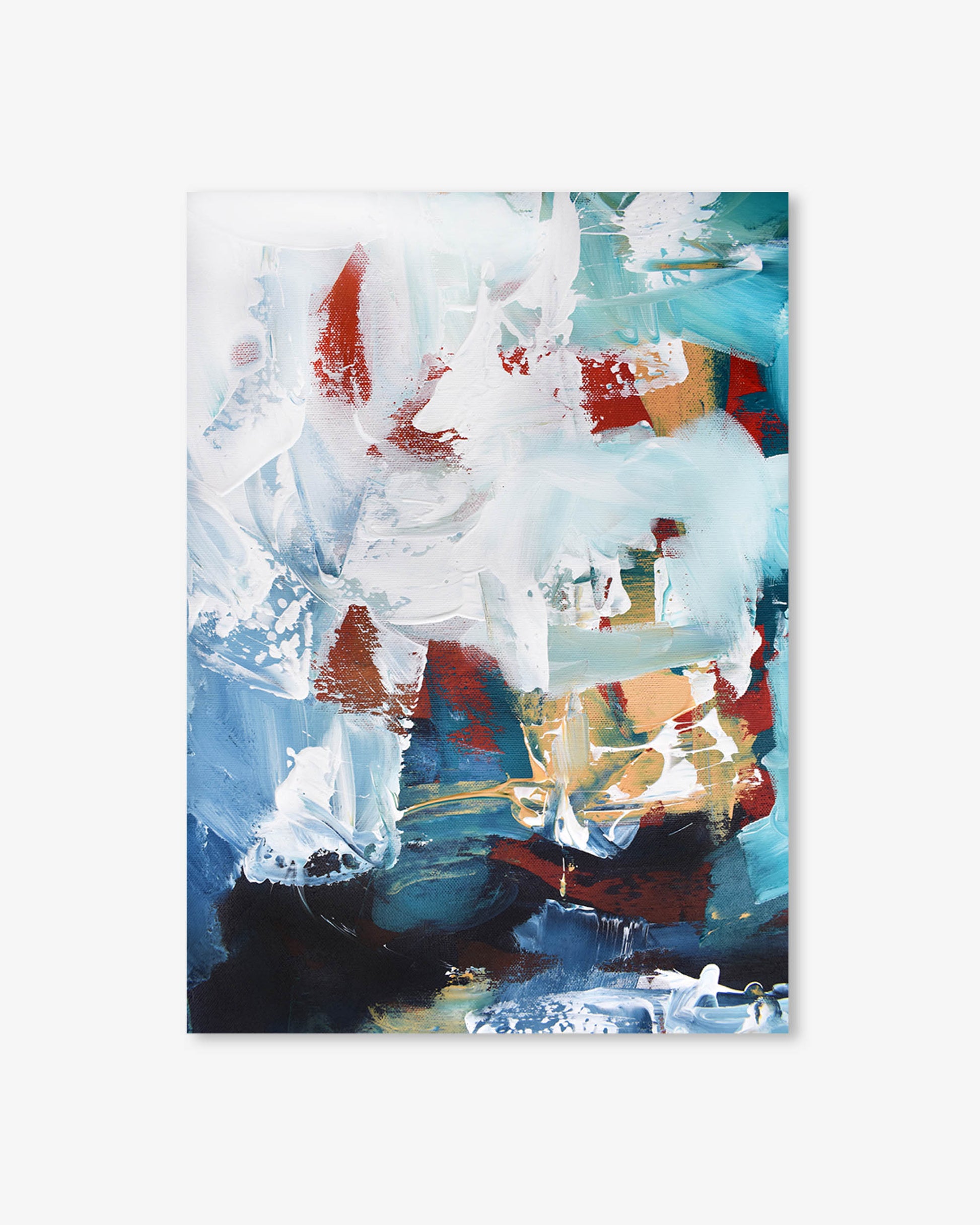 Abstract painting with a mix of white, blue, red, and black on a light gray background