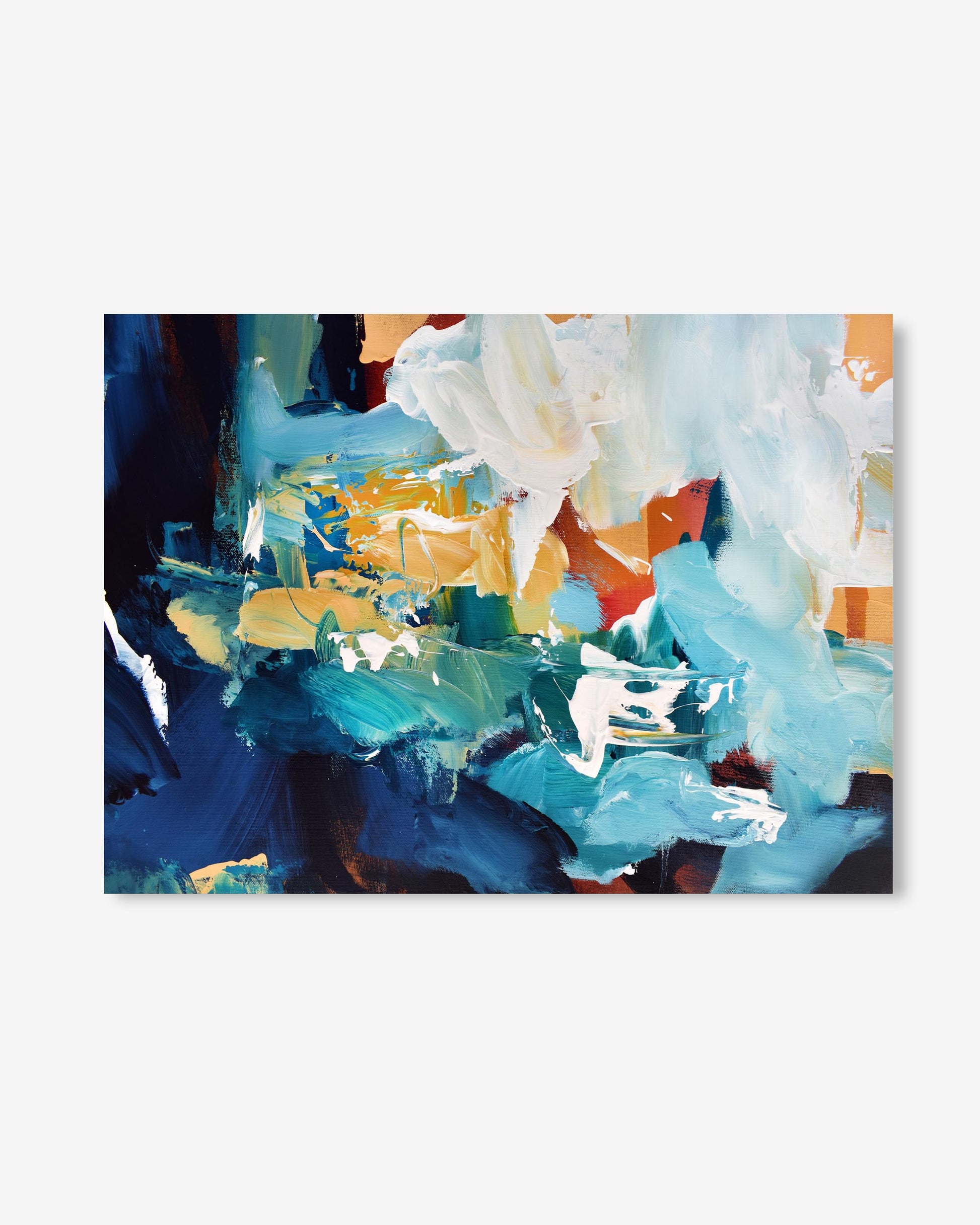 Abstract painting with a mix of blue, white, and orange on a white background