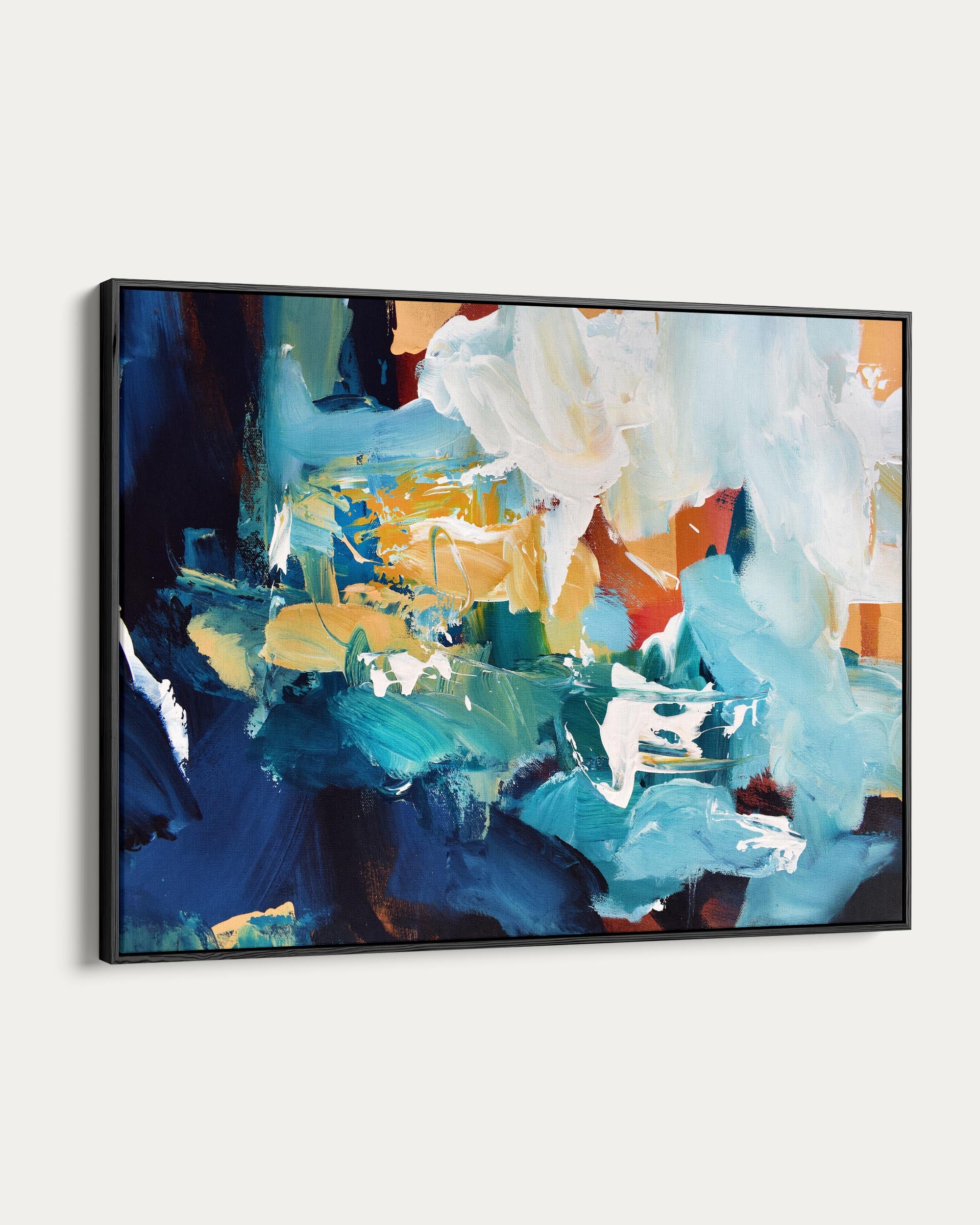 Abstract painting with vibrant colors in a black frame on a white background