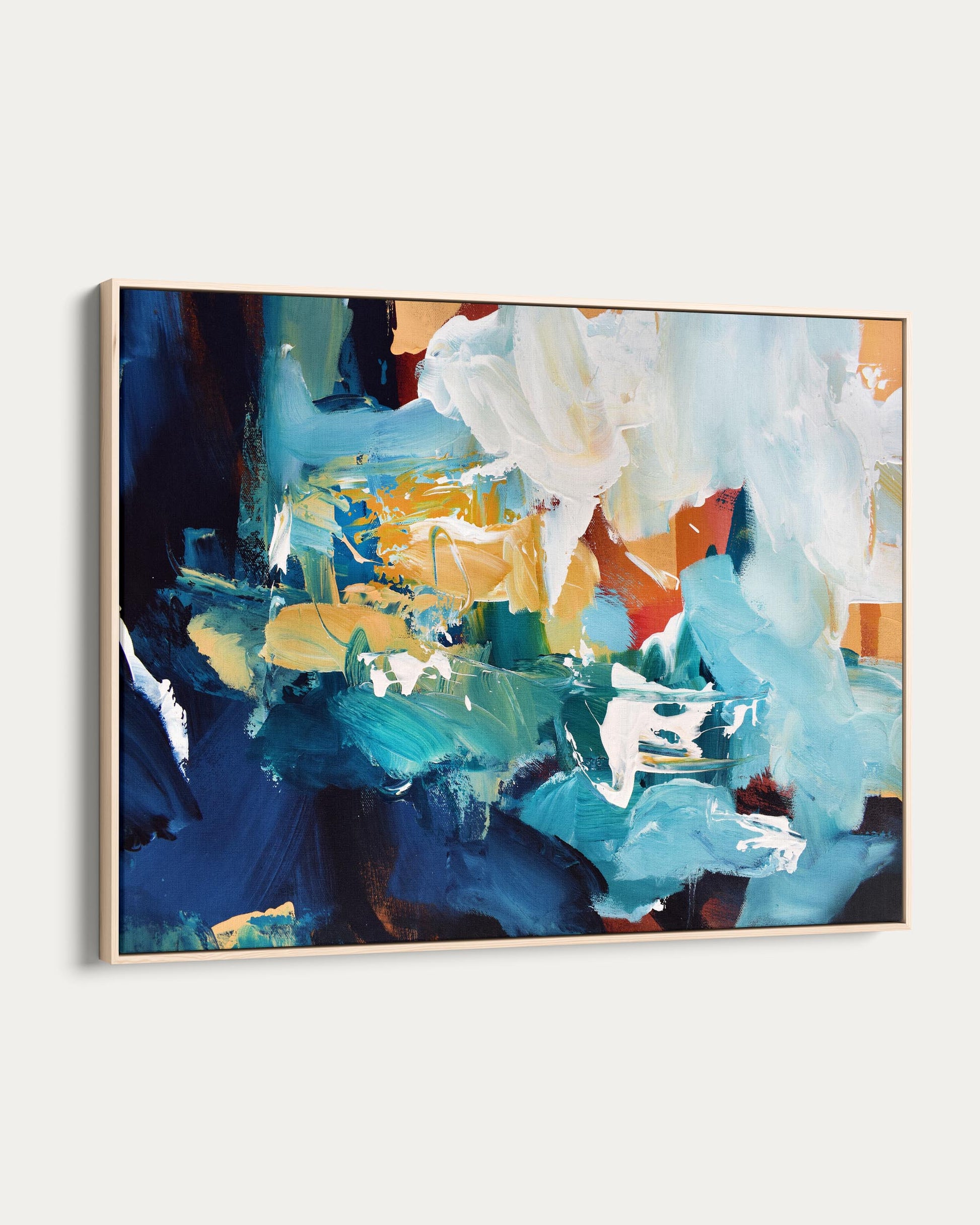 Abstract painting with blue, white, and yellow colors on a white background