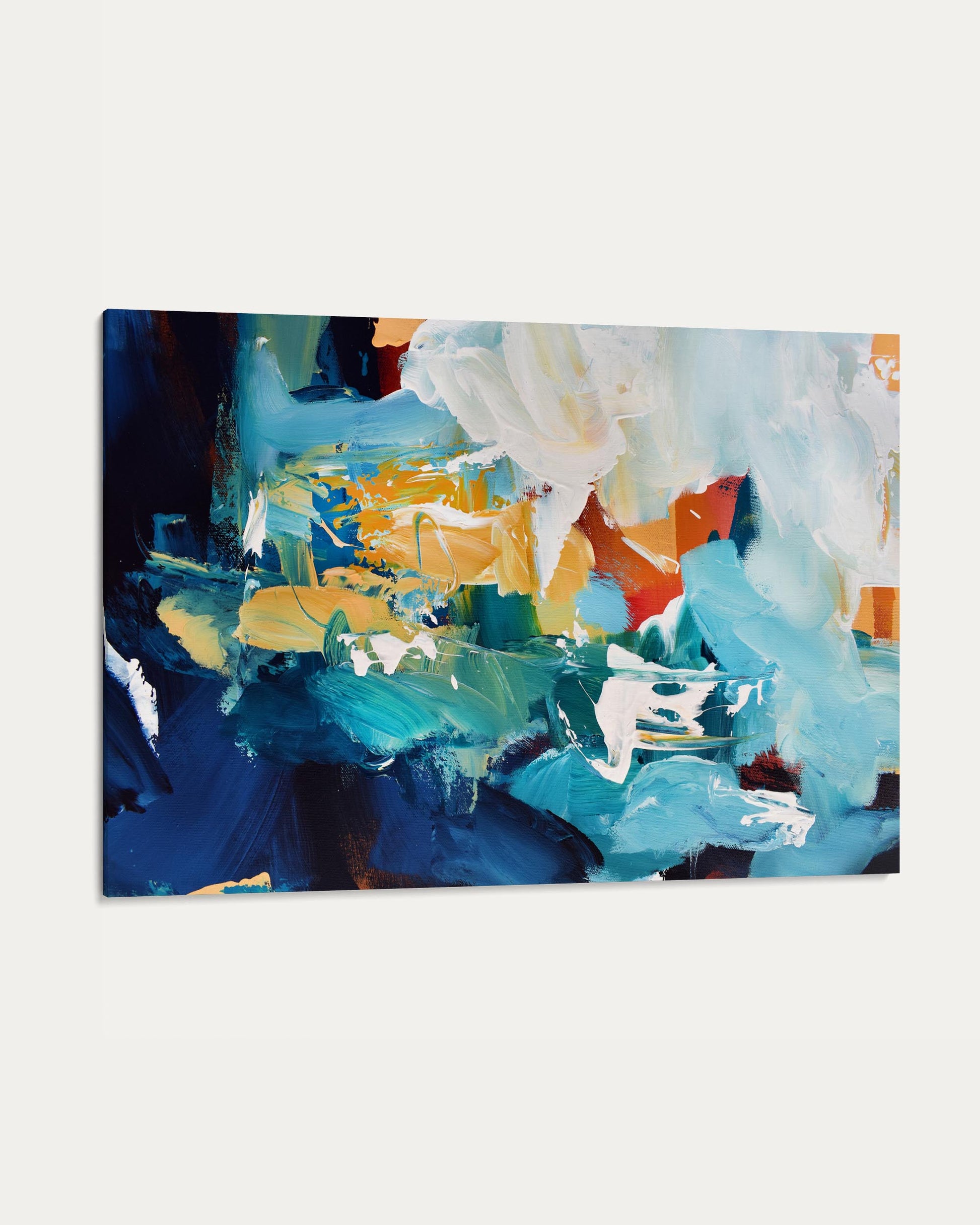 Abstract painting with a mix of blue, yellow, and white on a white background