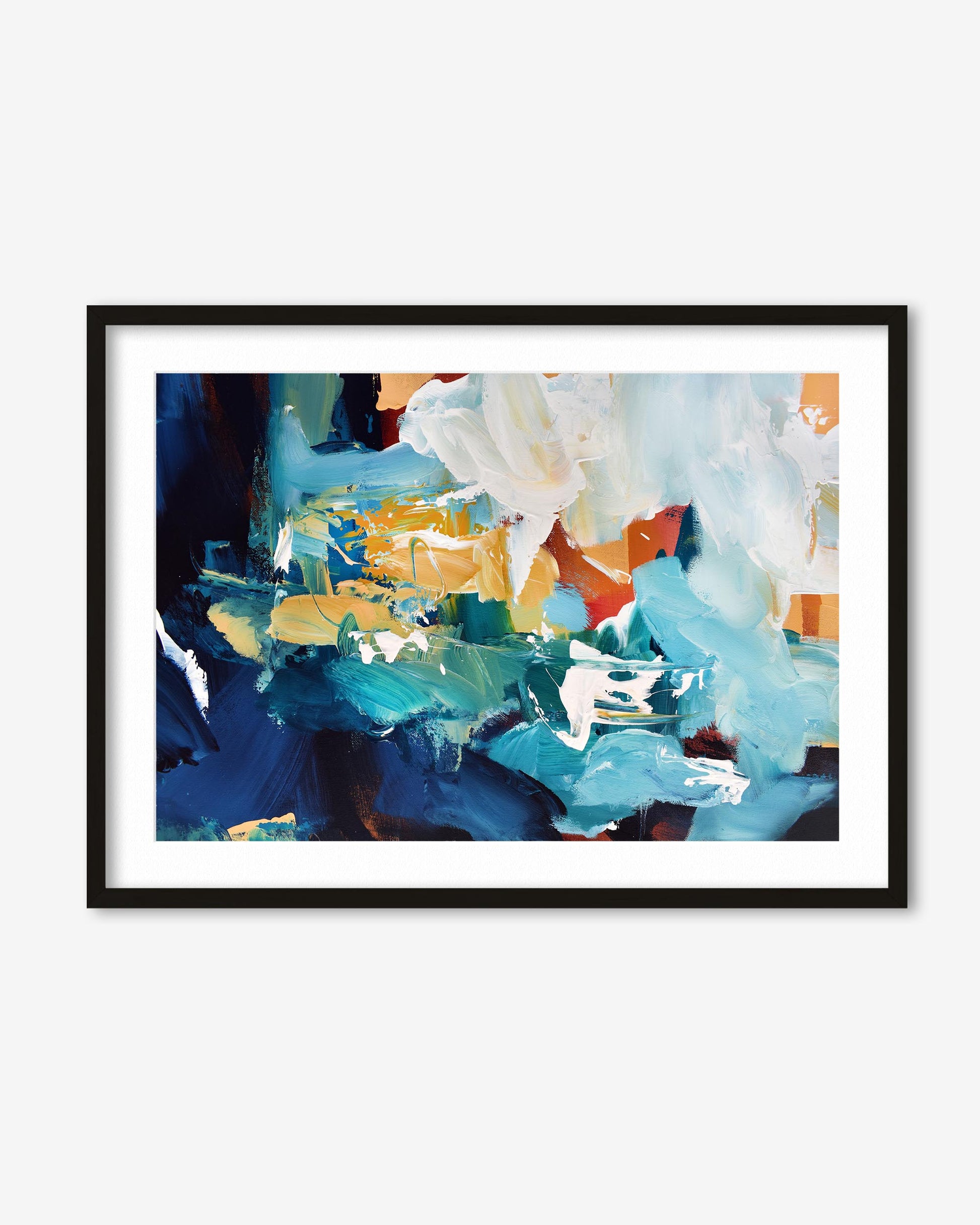 A framed art piece with abstract design, featuring tones of blue, orange, and white, enclosed in a black frame.