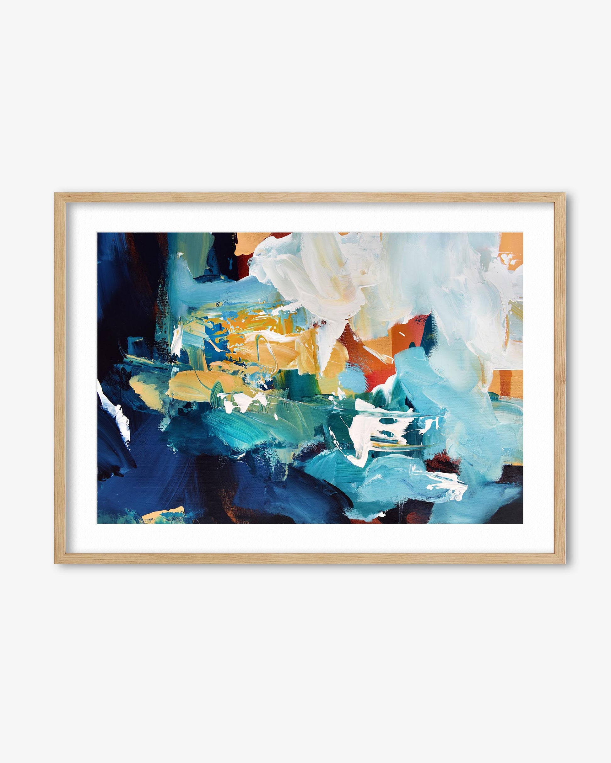 abstract art print in oak frame on a white background