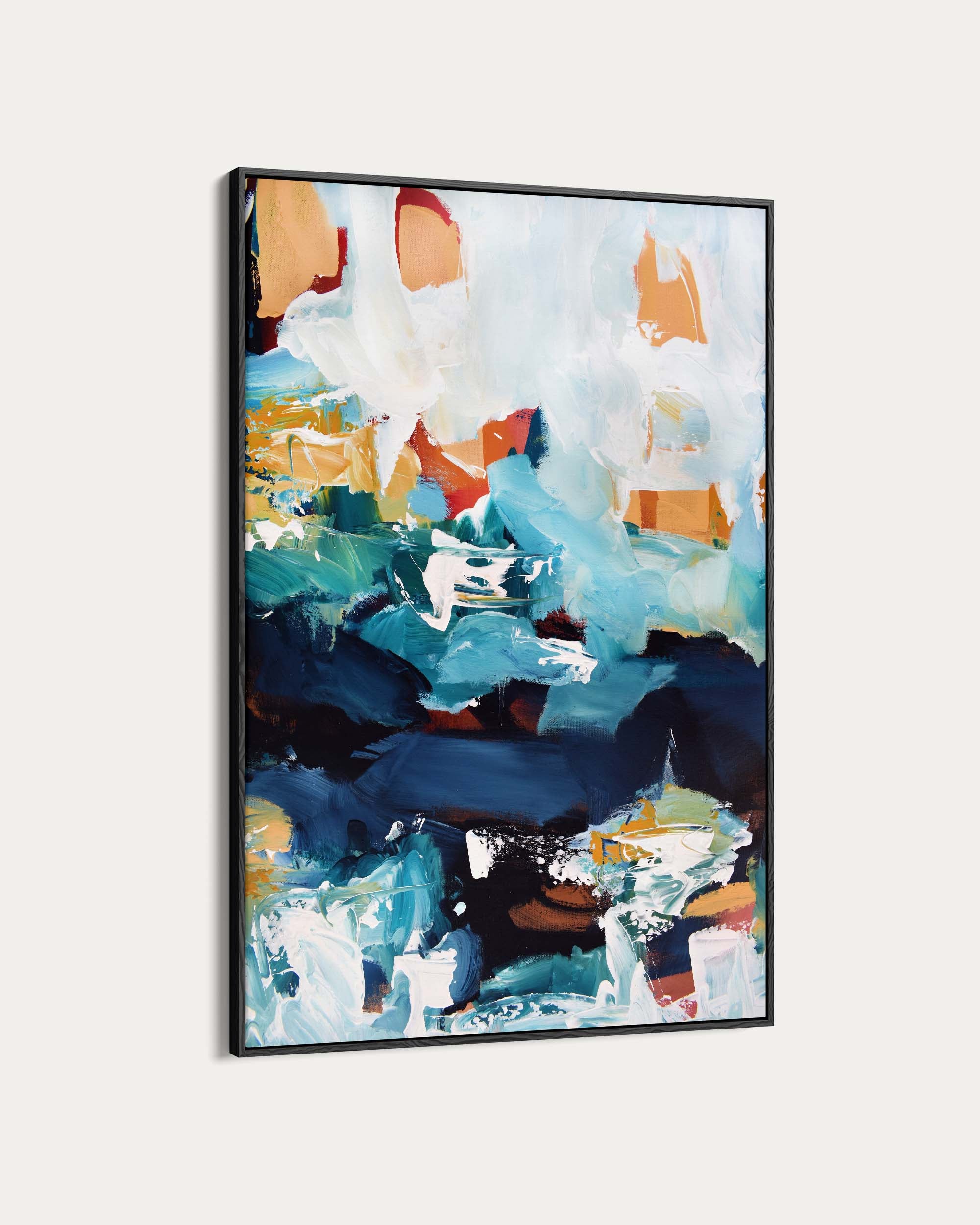 Abstract art painting with blue, orange, and white colors in a black frame on a light gray background