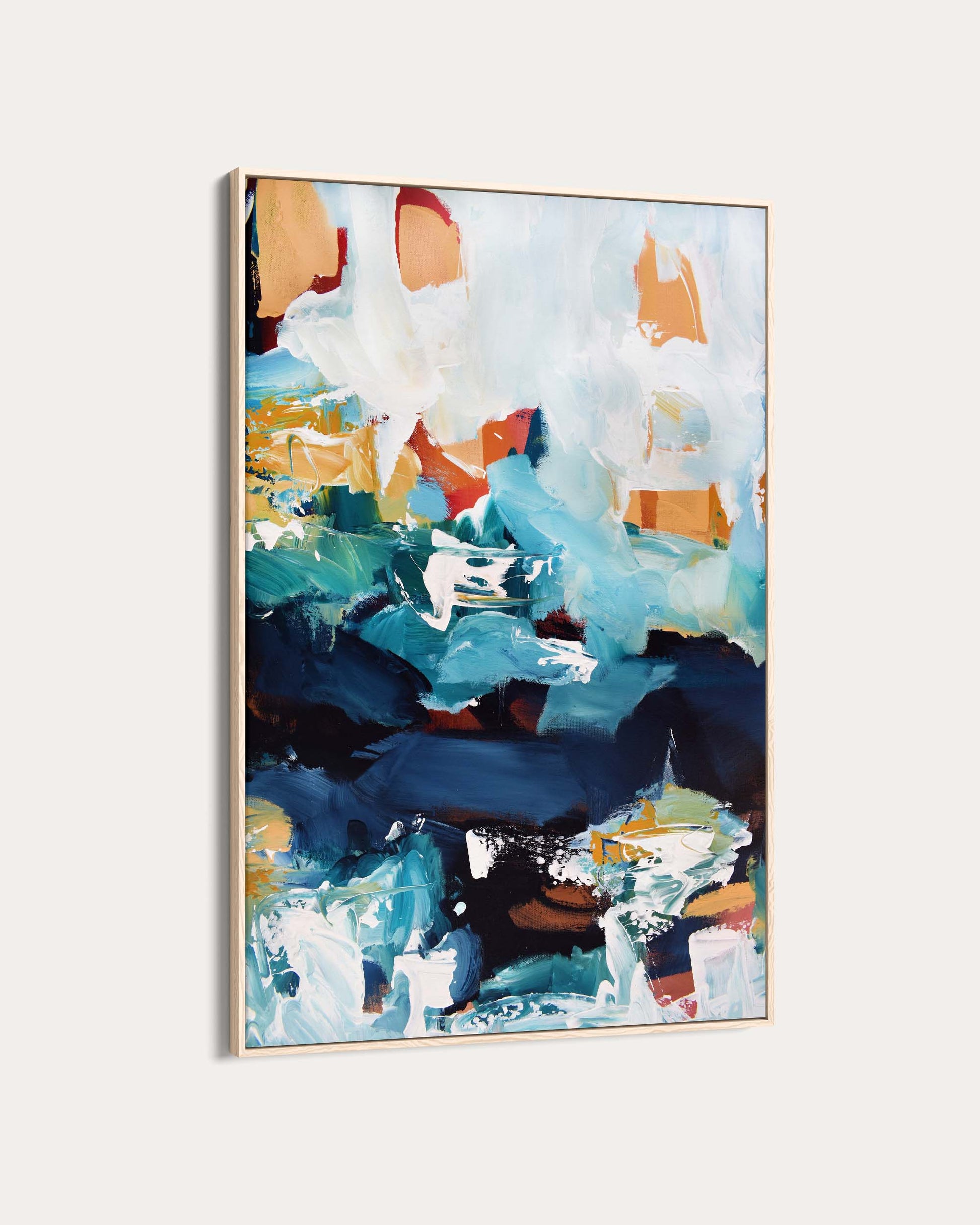 Abstract art painting with blue, white, and orange colors on a light gray background