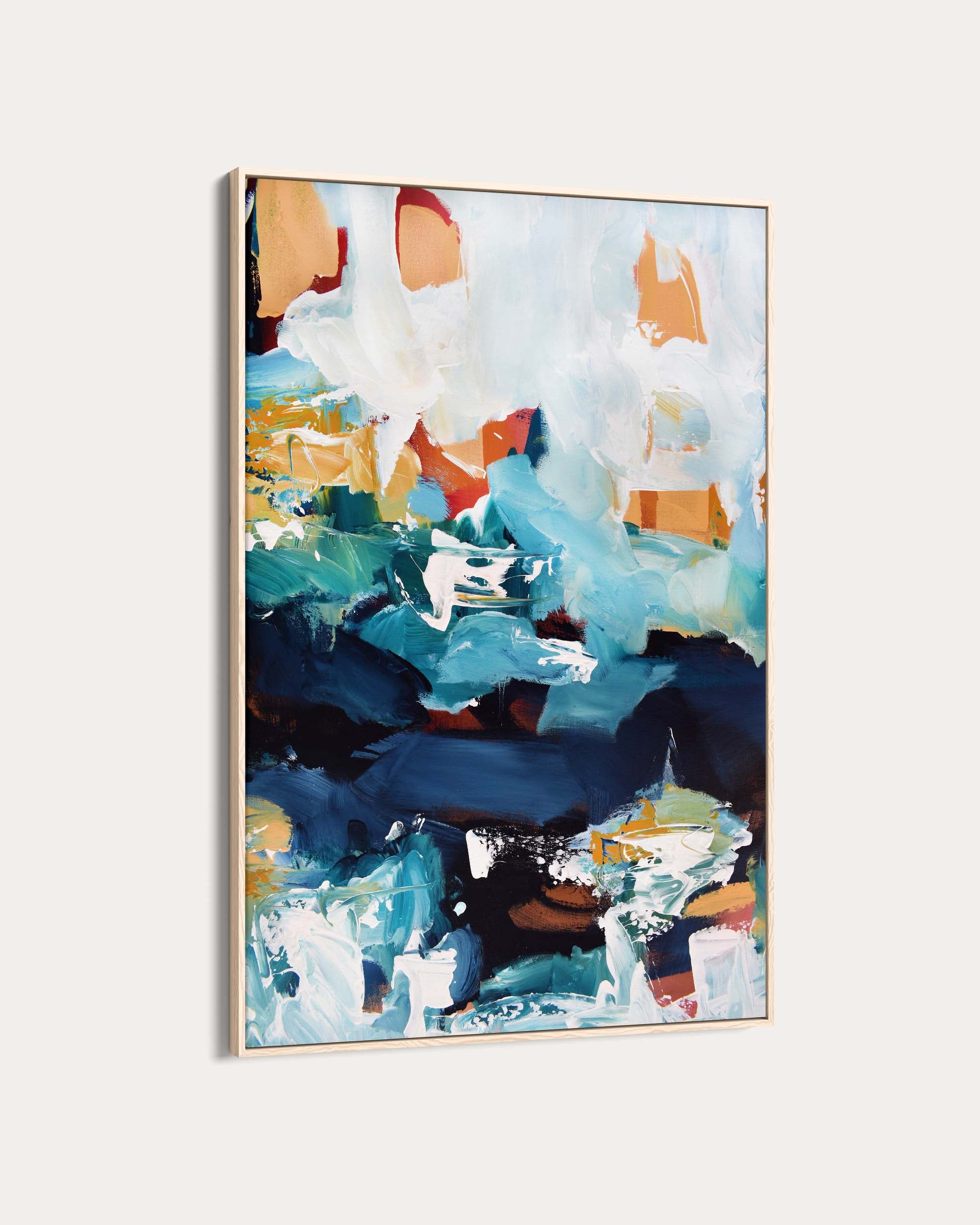 Abstract art painting with blue, white, and orange colors on a light gray background