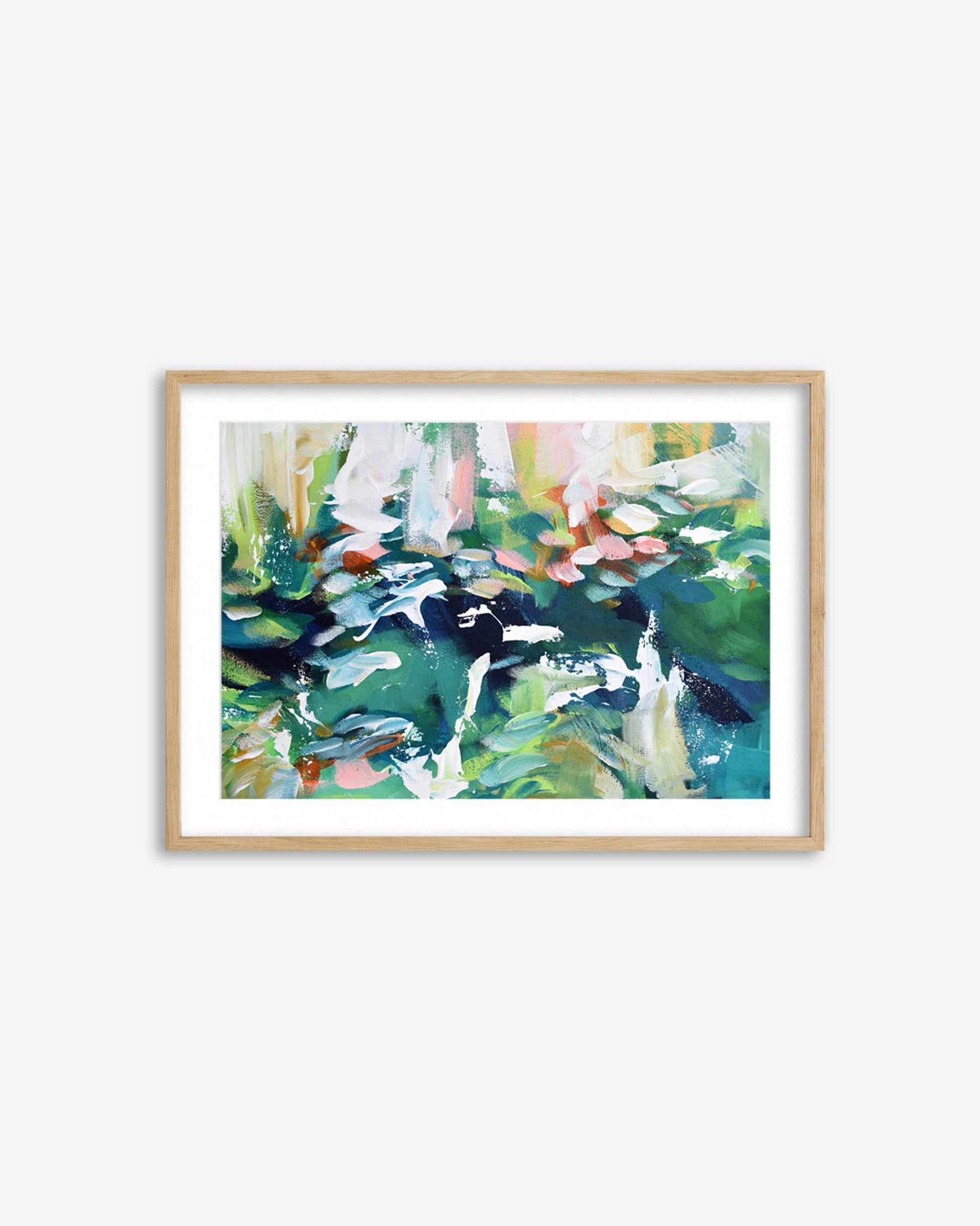 Framed abstract painting with colorful brushstrokes on a white wall