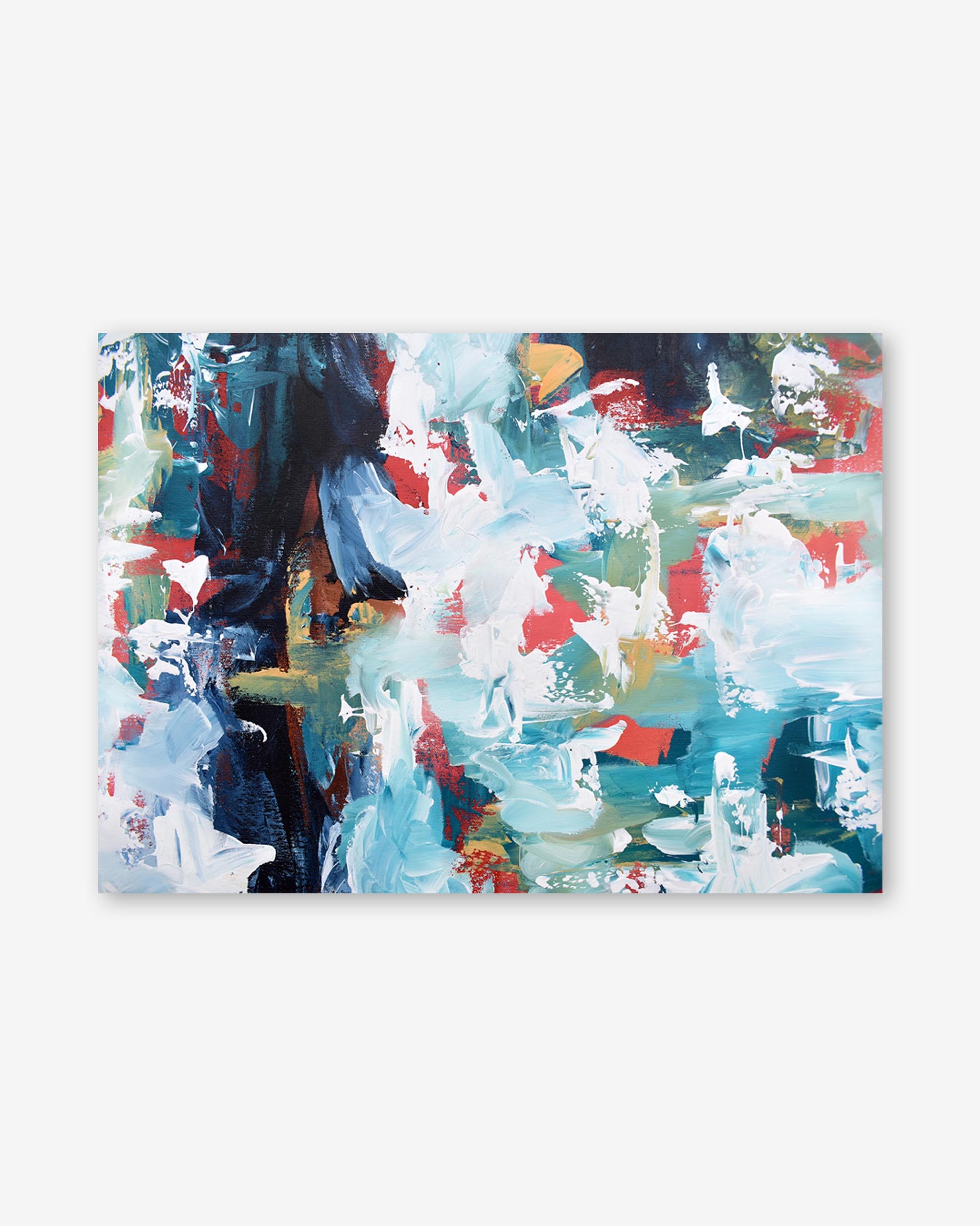 Abstract art print with splashes of blue, red, and white on a white background