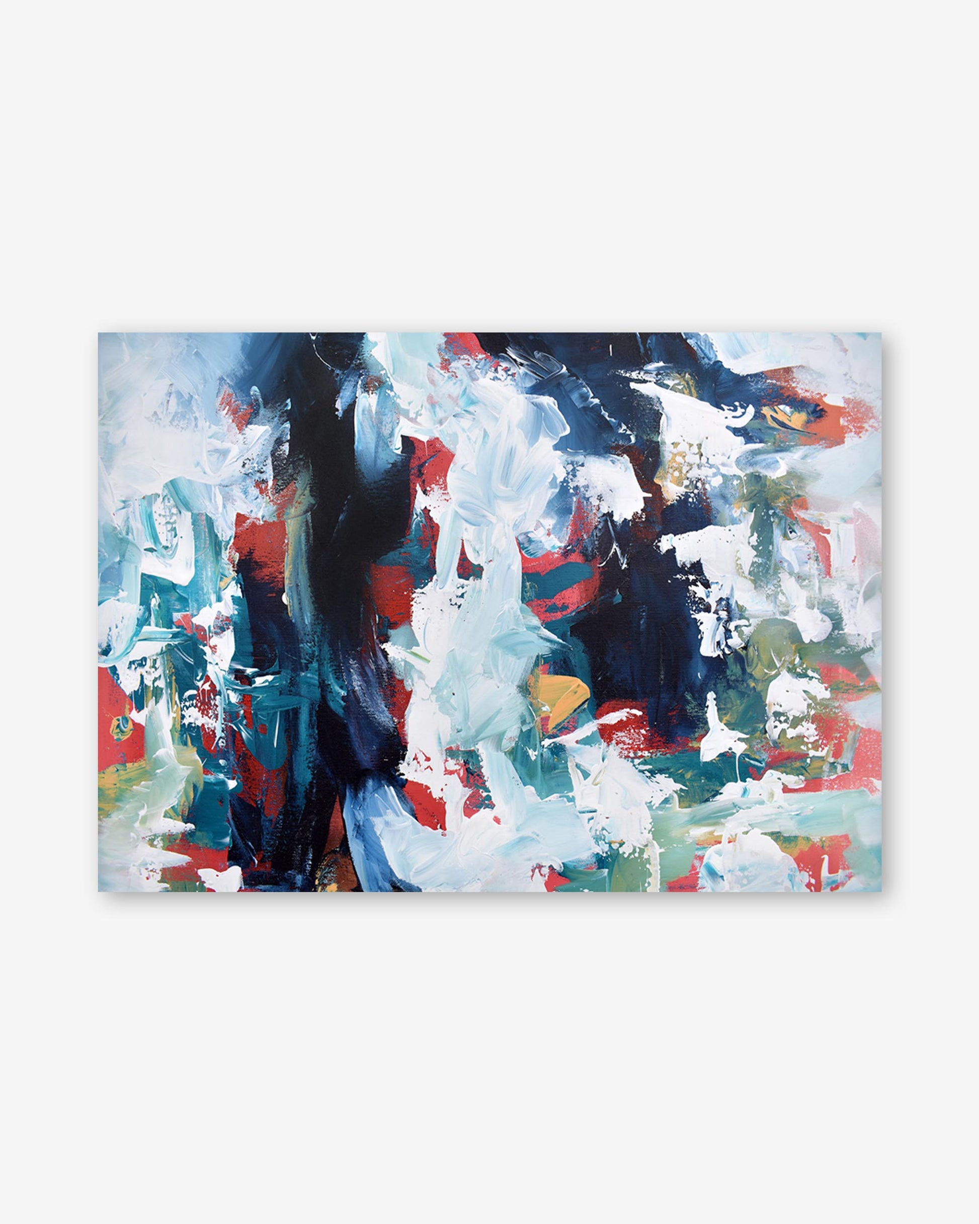 Abstract painting with a mix of blue, red, and white on a white background
