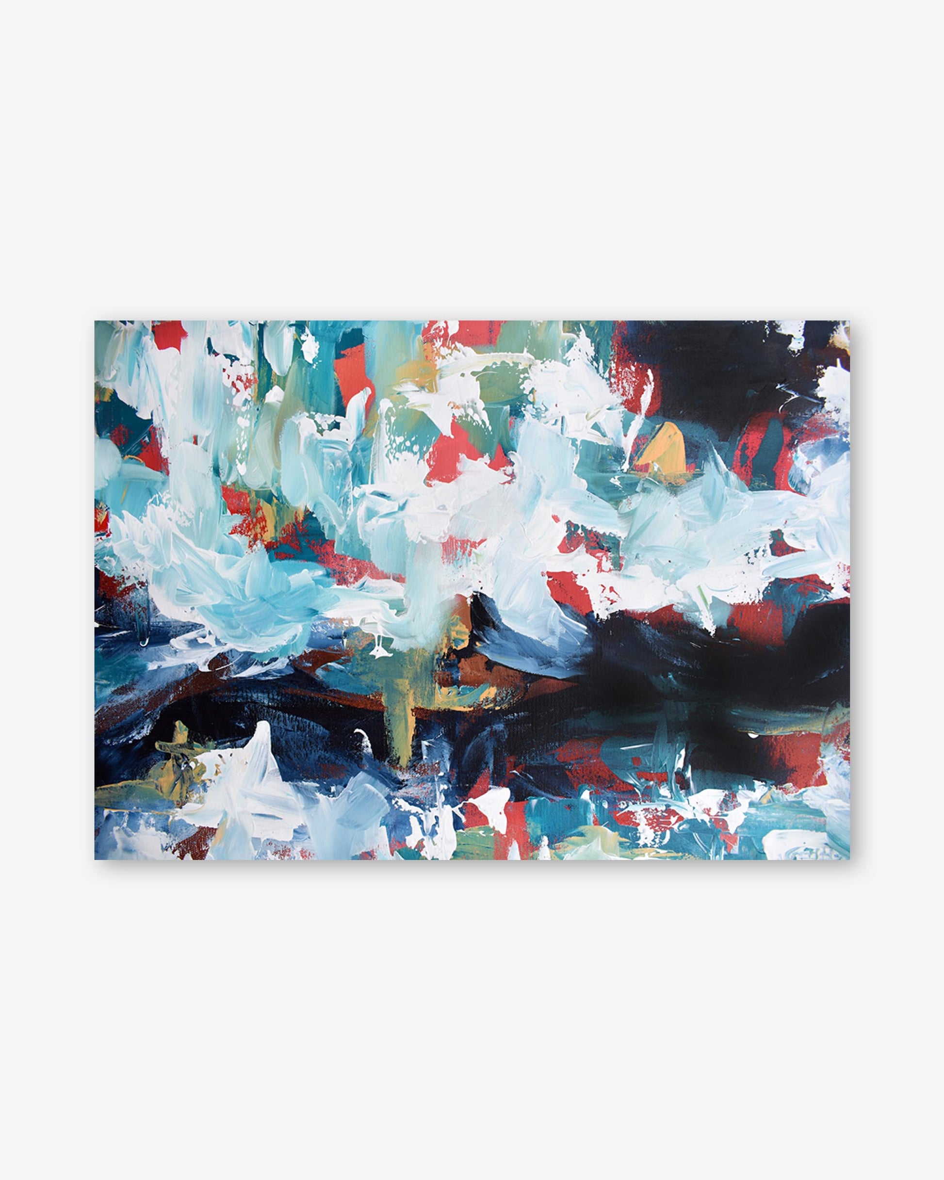 Abstract art print with splashes of blue, red, and black on a white background