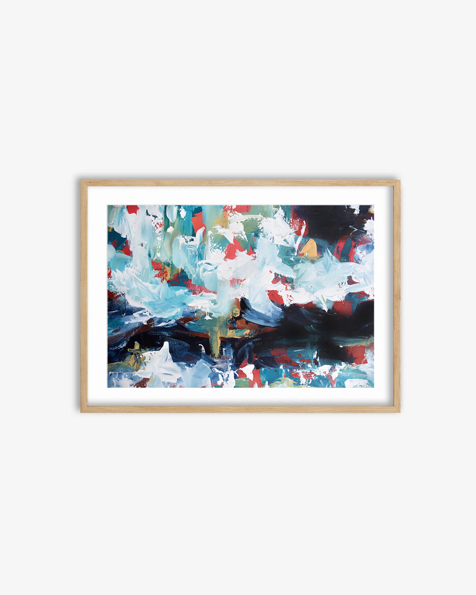 Framed abstract painting with colorful brushstrokes on a white wall