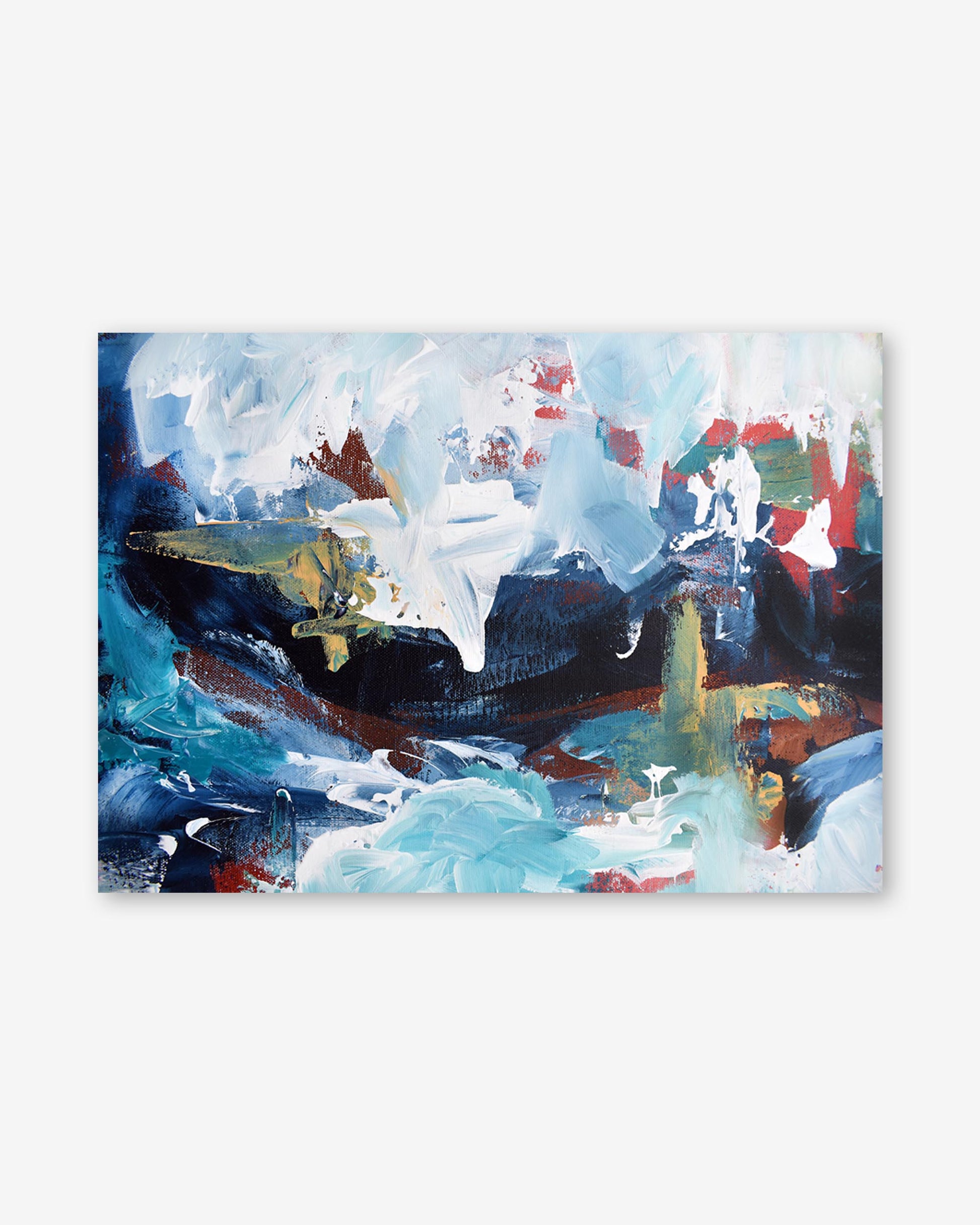 Abstract painting with a mix of blue, white, and brown colors on a white background