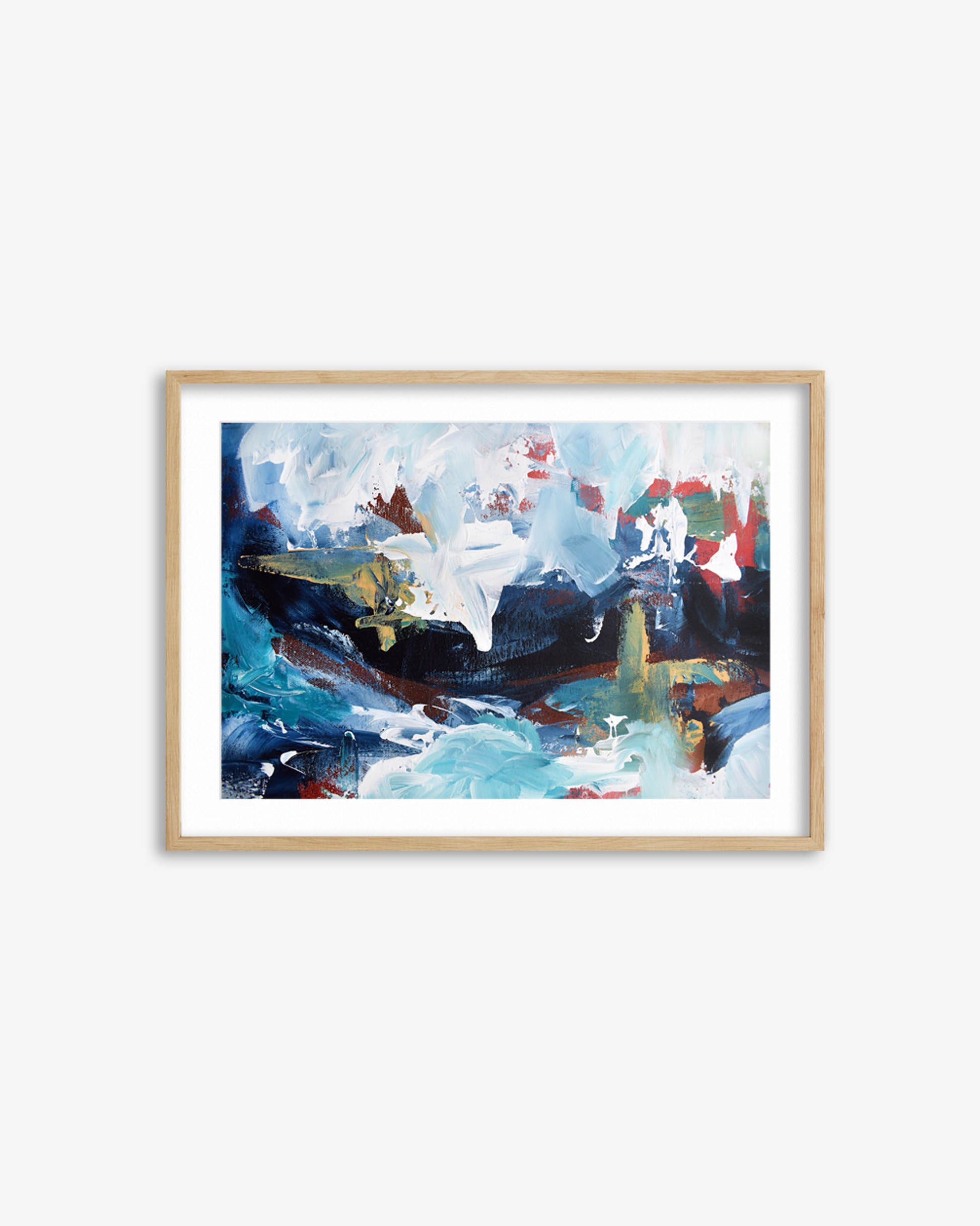Framed abstract painting with blue, white, and red colors on a white wall.