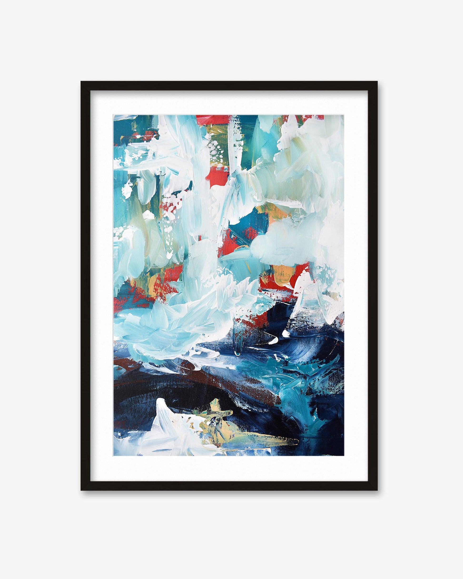 Framed abstract art print with colorful abstract design on a white background