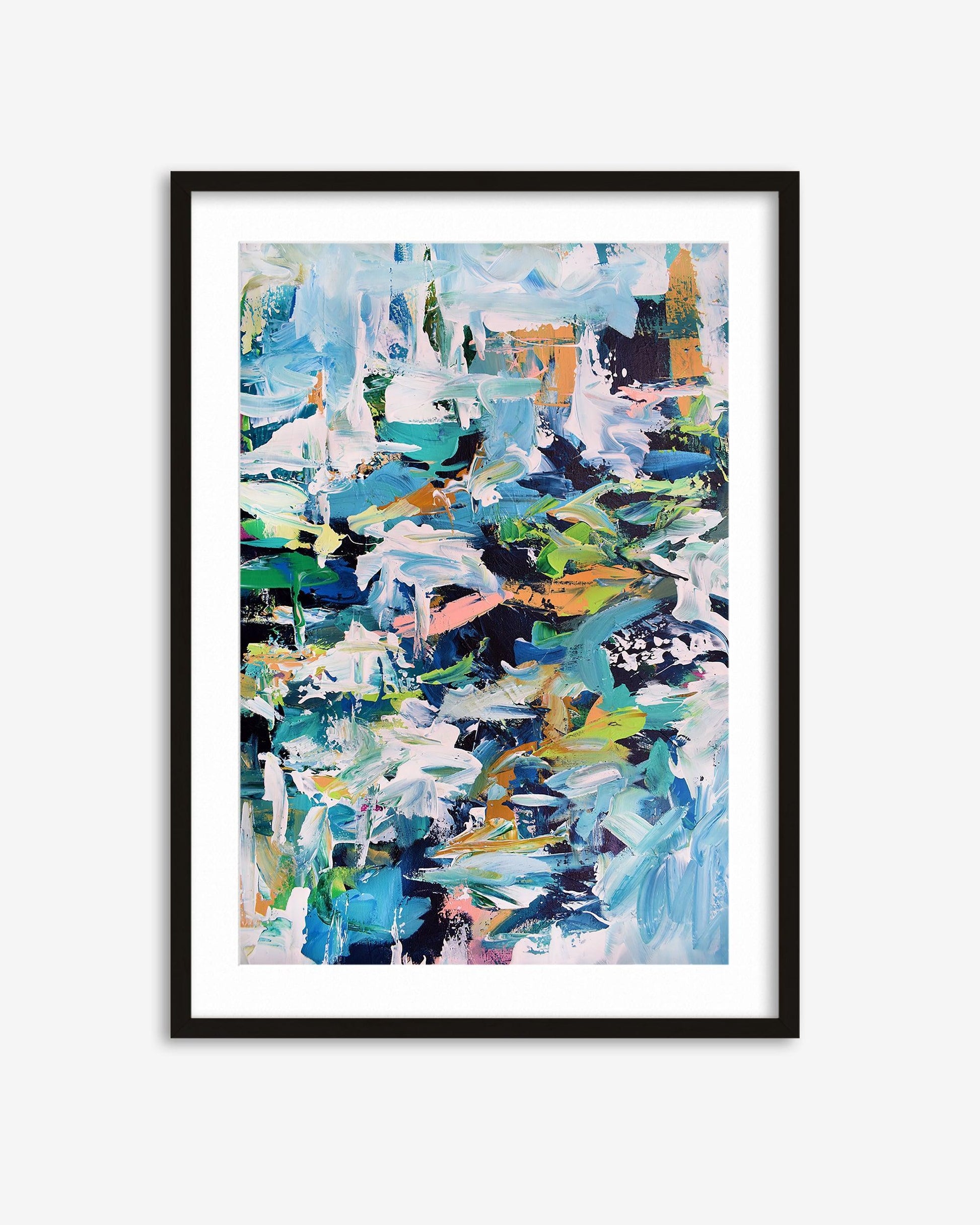 Framed abstract art print with colorful brush strokes on a white background