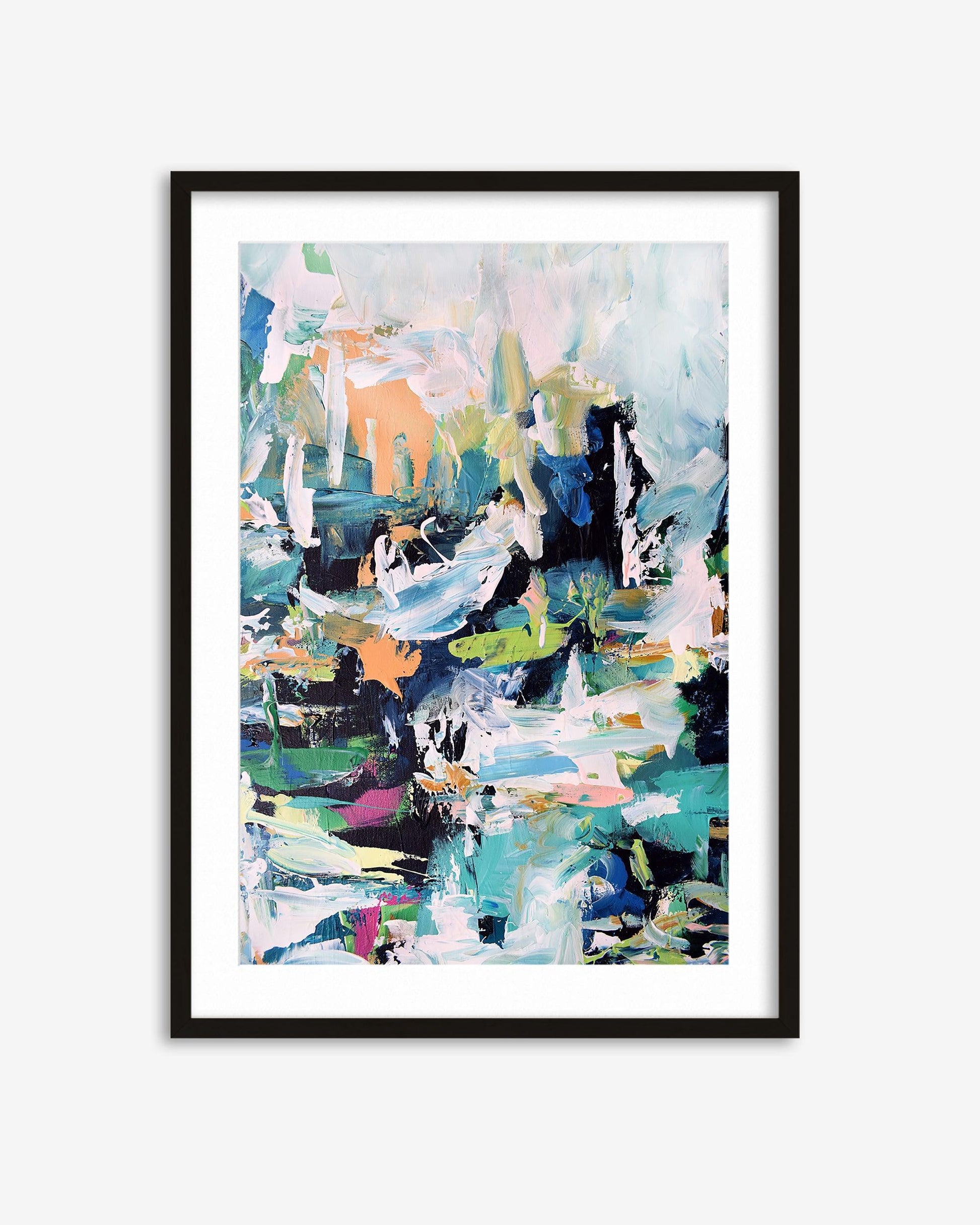 Framed abstract art print with colorful brush strokes on a white background