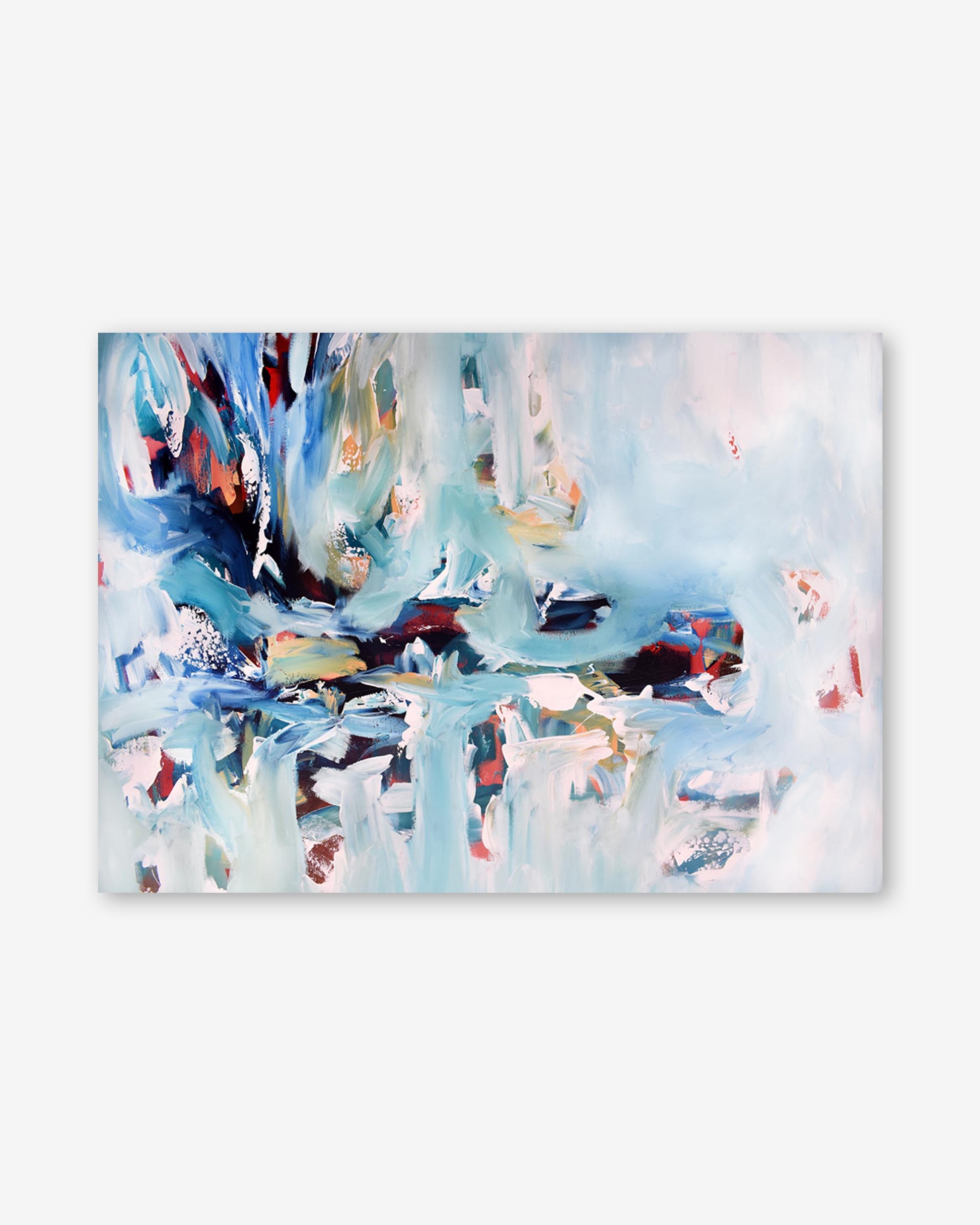Abstract art print with blue, red, and white colors on a white background