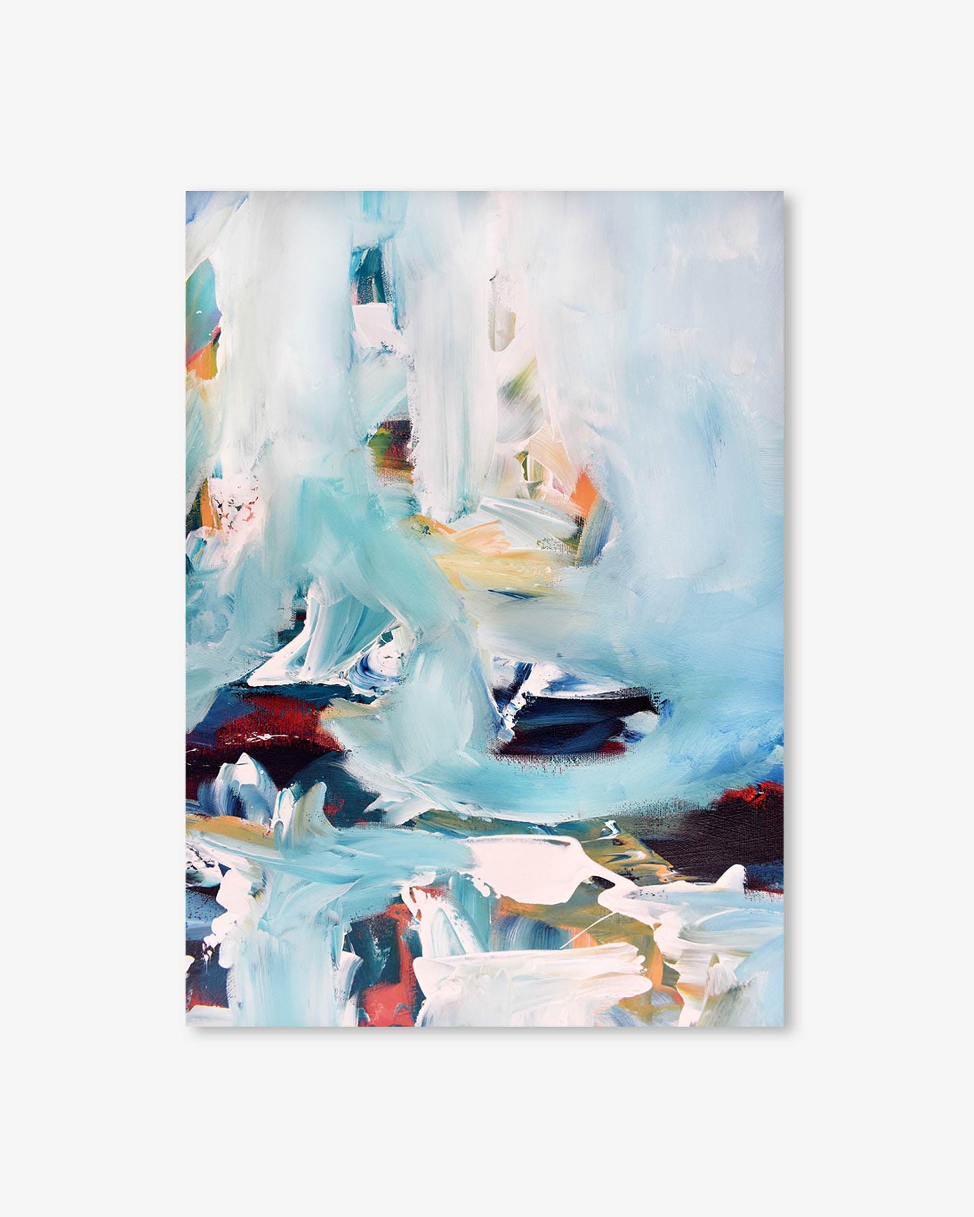 Abstract painting with a mix of blue, white, and red colors on a white background