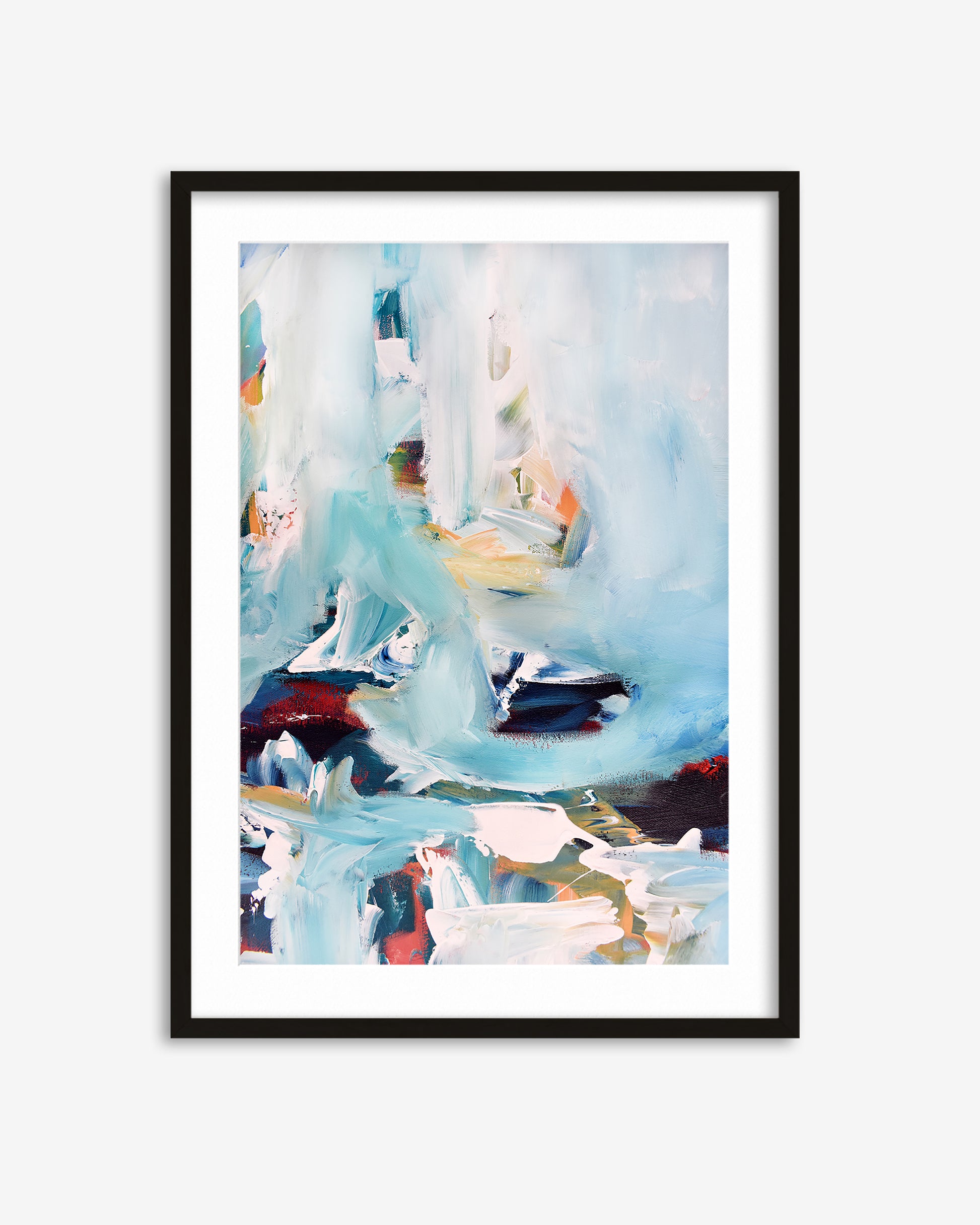 Framed abstract art print with colorful swan design on a white background